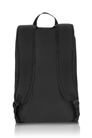 Mochila negra sobre un fondo blanco. Tiene dos correas y un asa en la parte superior.