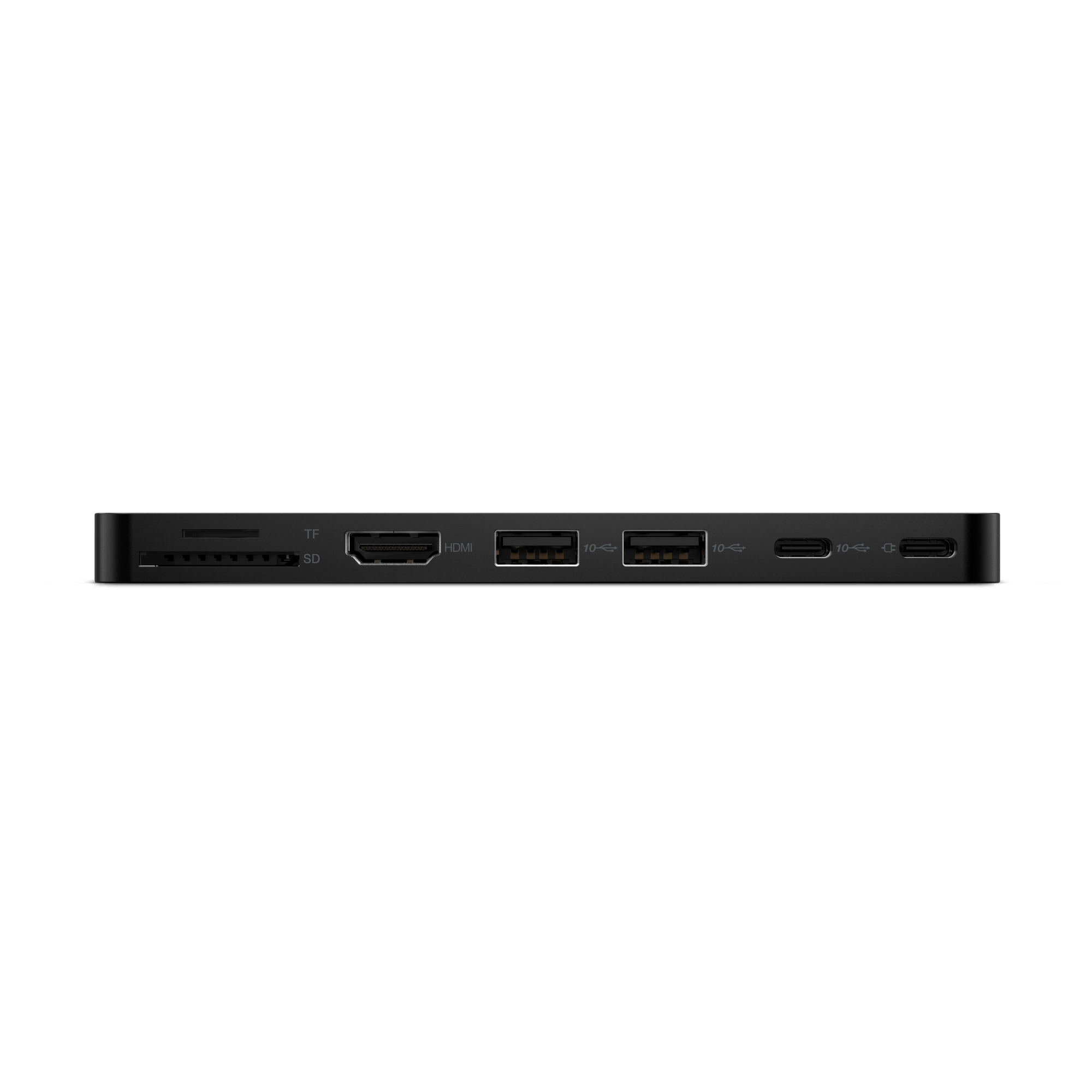 La parte posterior de un dispositivo negro con varios puertos: TF, SD, HDMI, USB y entradas de alimentación.