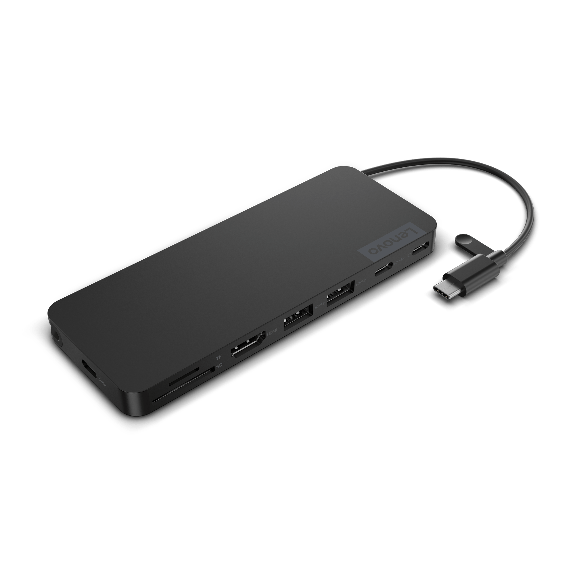 Un concentrador USB-C negro de Lenovo con múltiples puertos y un cable conectado, sobre fondo blanco.