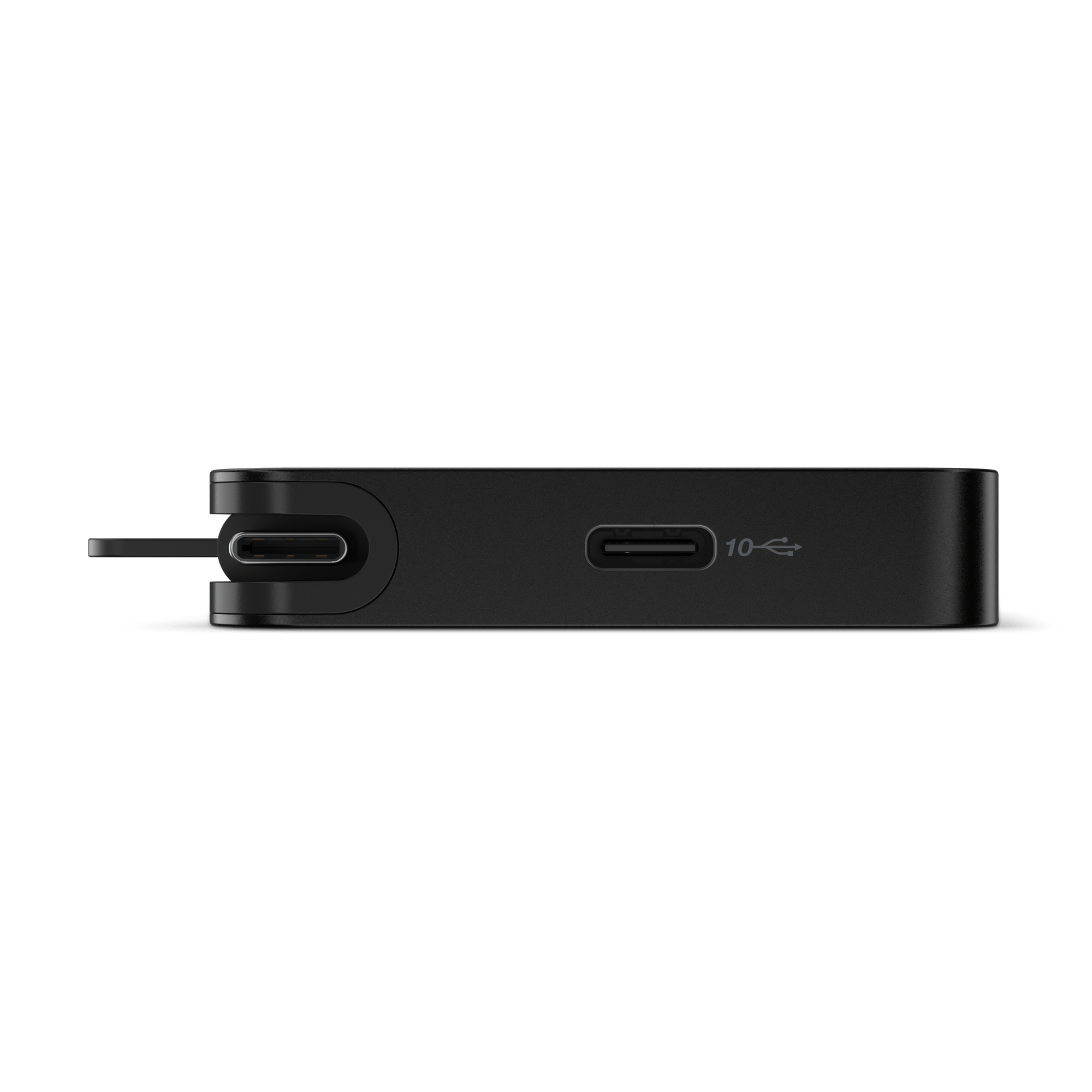 Dispositivo rectangular negro con puertos USB-C y un lazo. Fondo negro.