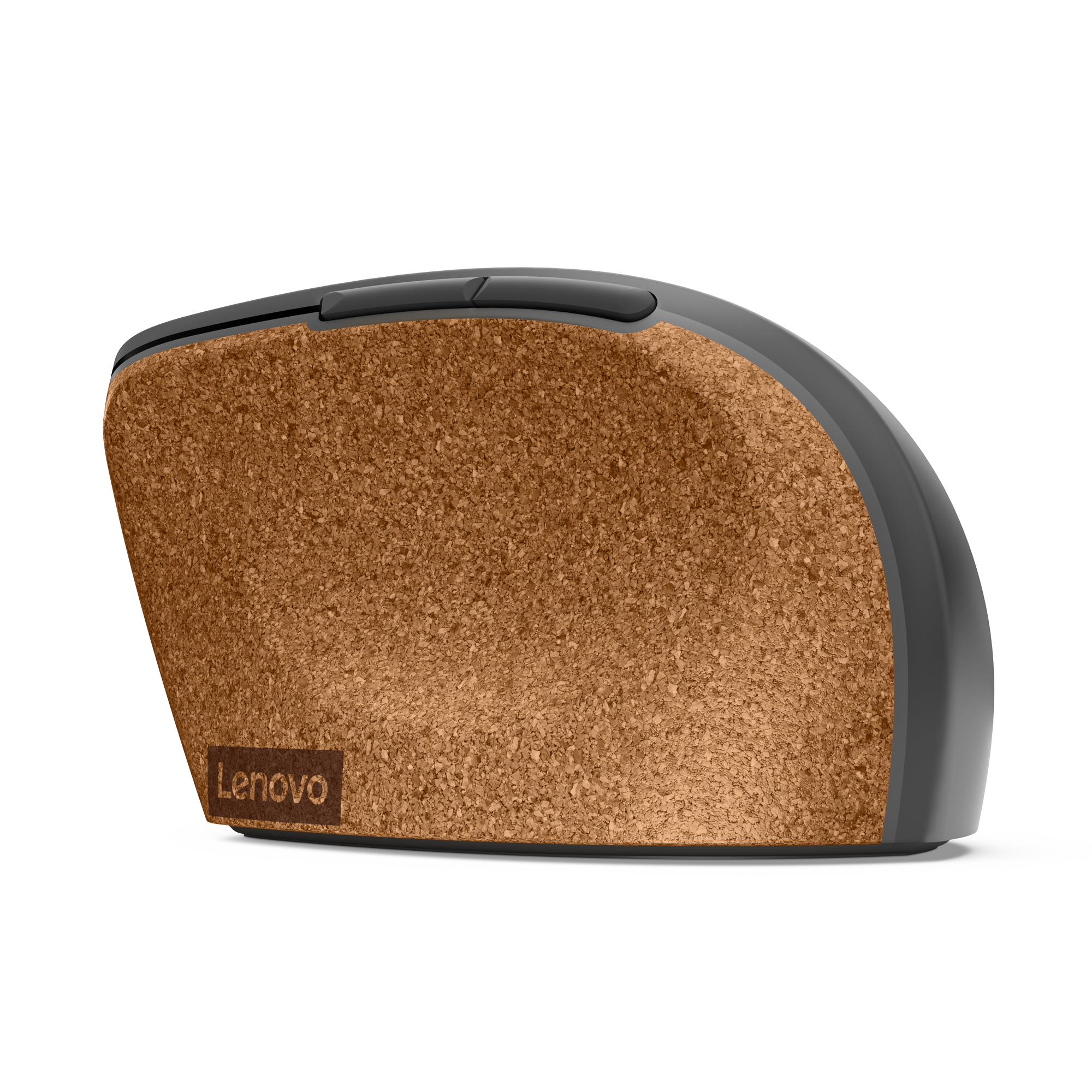Ratón Lenovo con textura de corcho sobre una superficie negra.
