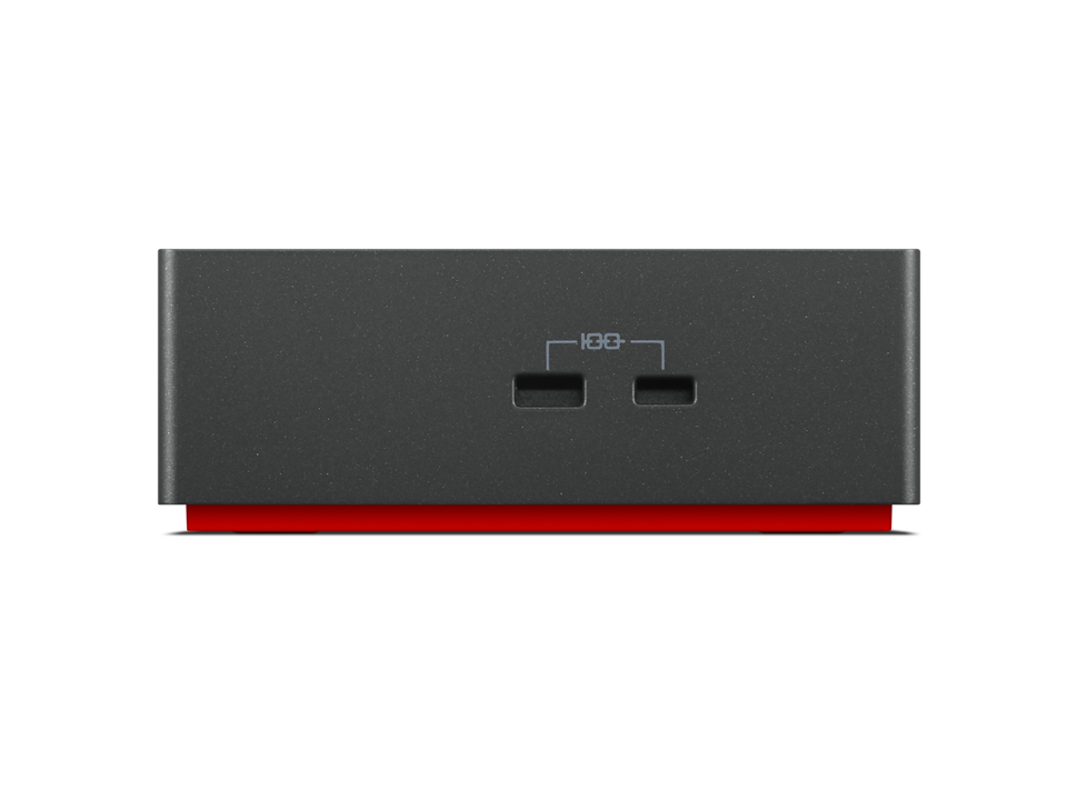 Un dispositivo negro con acento rojo. Dos puertos USB-C son visibles en el frente.