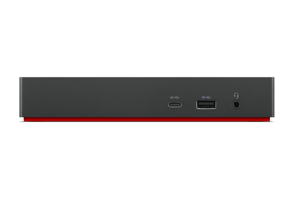 Parte trasera del dispositivo negro con puertos USB, conector para auriculares y línea de acento roja.