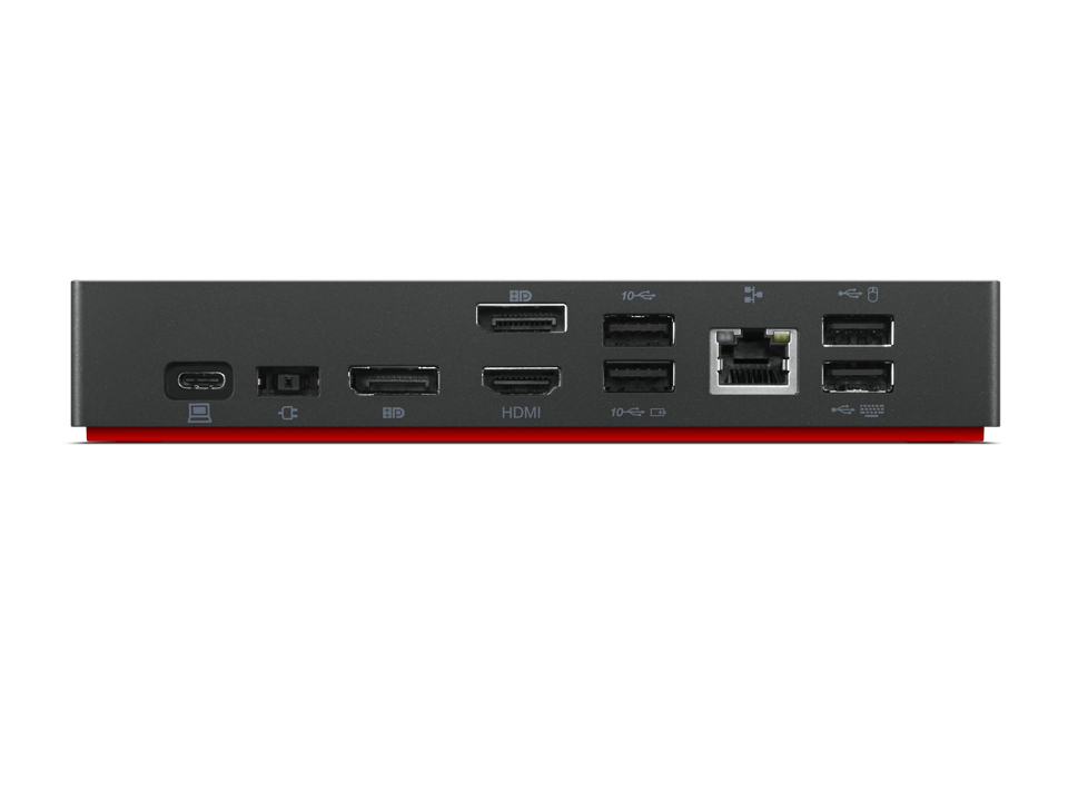 Estación de acoplamiento negra con múltiples puertos. Incluye HDMI, USB y Ethernet.