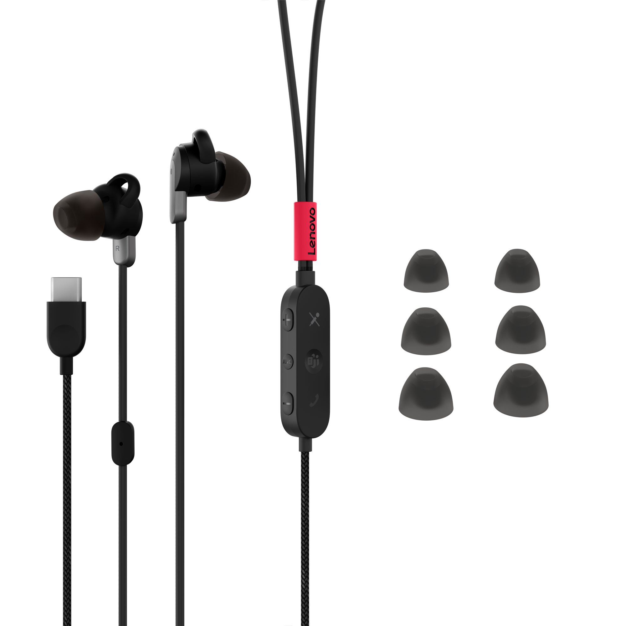 Auriculares Lenovo negros con logotipo rojo. Tienen almohadillas y un módulo de control.