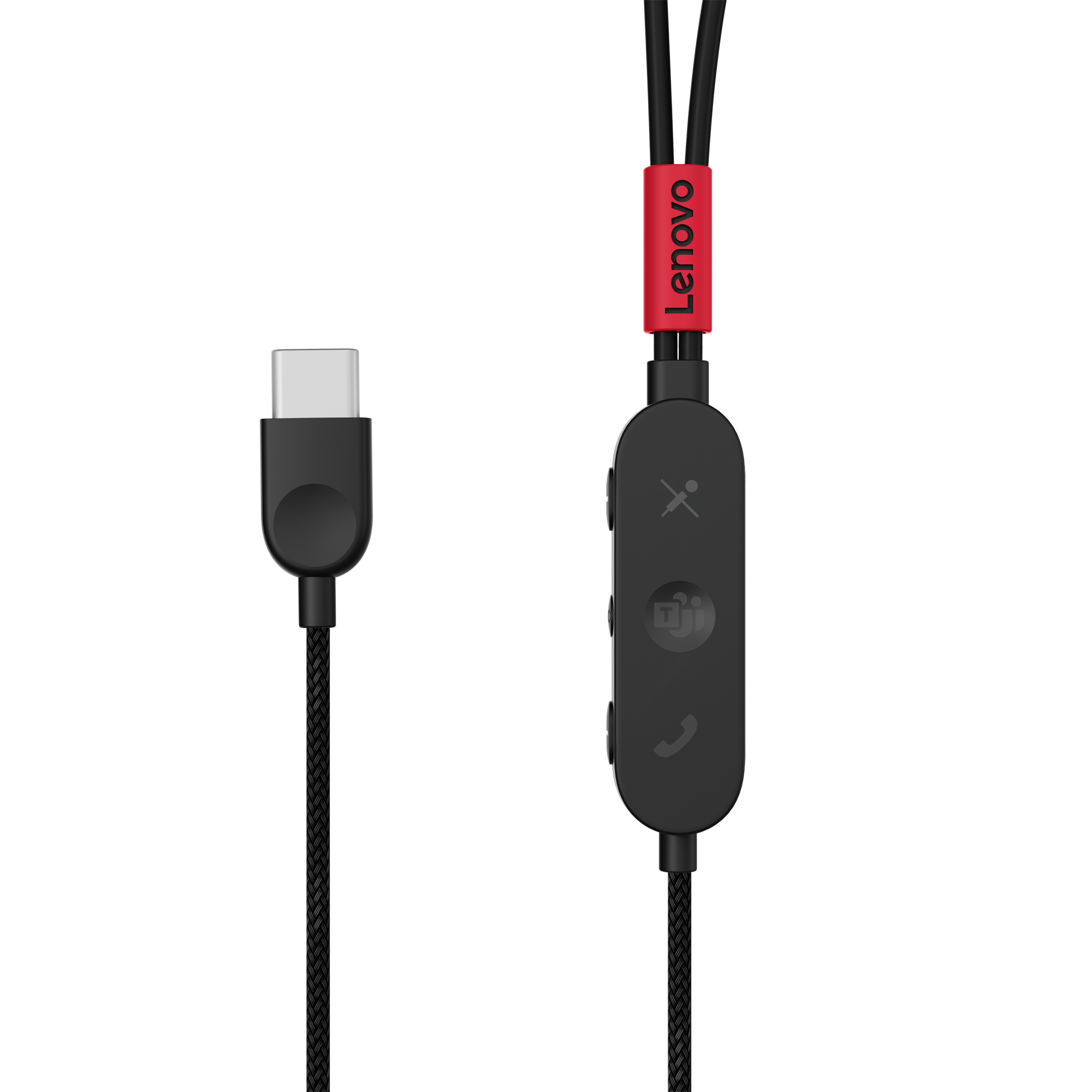 Un cable USB-C negro con una etiqueta roja de Lenovo y un módulo de control.