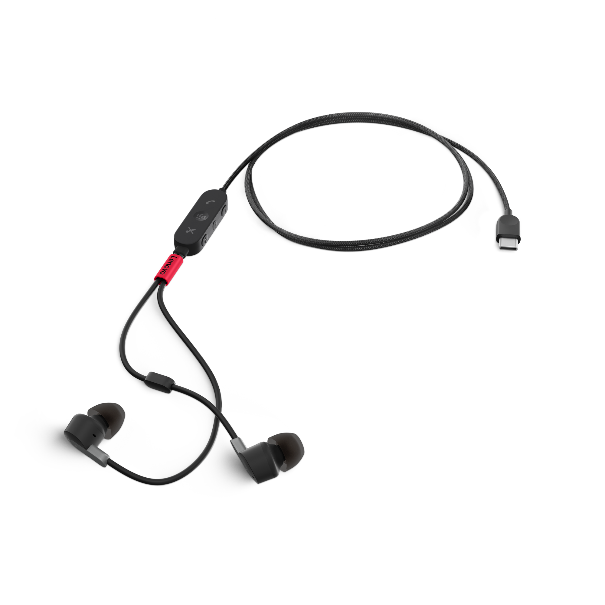 Auriculares negros conectados por un cable rojo y negro con conector USB-C.
