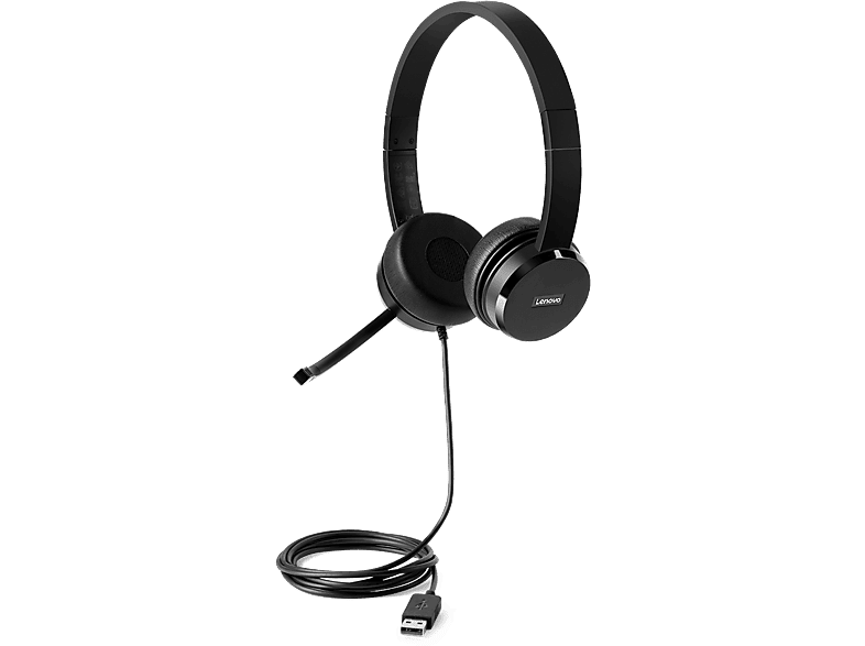 Auriculares - Lenovo 100 STEREO USB Profesional, Cableado mediante 2.0, Micrófono, Cancelación del ruido, Negro