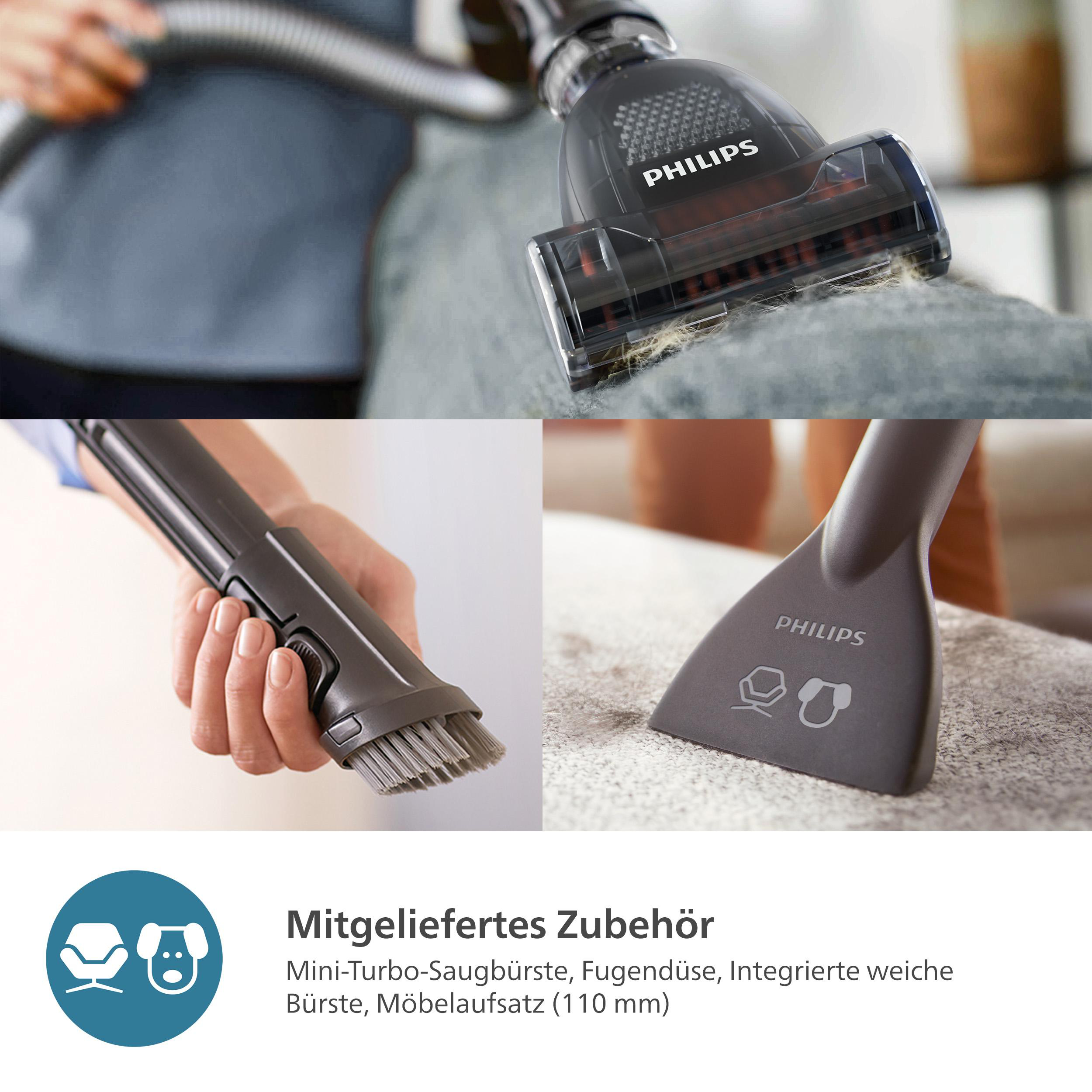Nahaufnahmen eines Staubsaugerkopfes und -aufsätze. Es zeigt das Staubsaugen von Stoff.