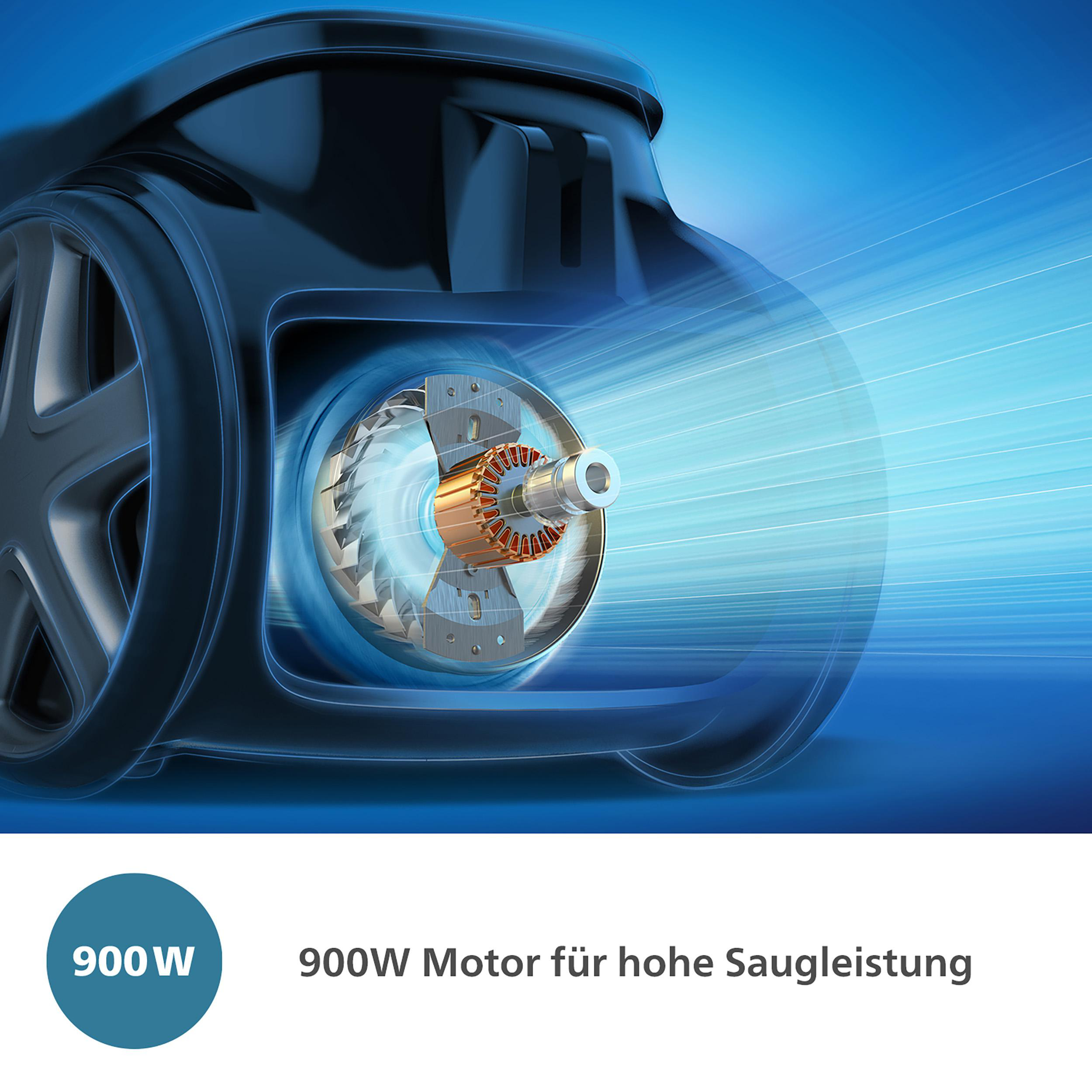 Staubsauger, der den Motor und Luftstrom mit blauem Hintergrund zeigt.