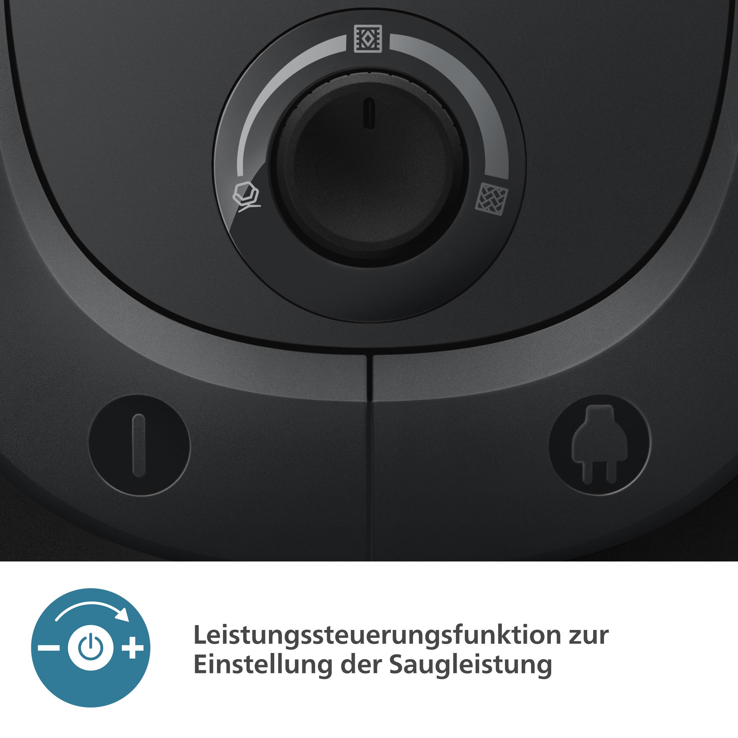 Nahaufnahme eines Staubsauger-Drehreglers mit Symbol für Leistungsregelung und einem Stecker-Symbol.