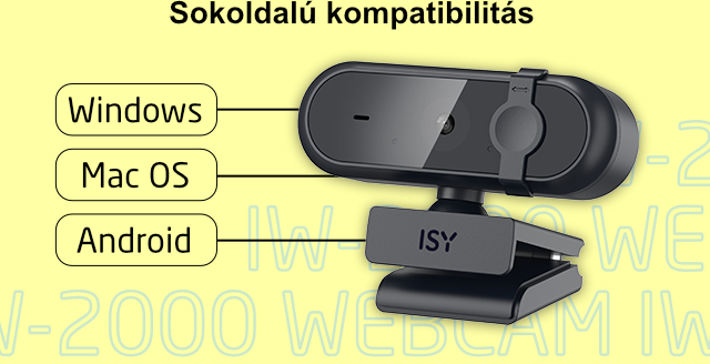 Fekete webkamera Windows, Mac OS és Android kompatibilitási címkékkel, fekete klipszre rögzítve.