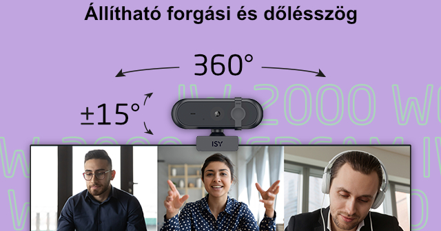 Webkamera állítható forgással és dőlésszöggel, három ember a háttérben.