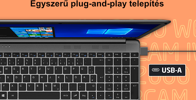 Laptop billentyűzet USB-A porttal és narancssárga háttérrel.