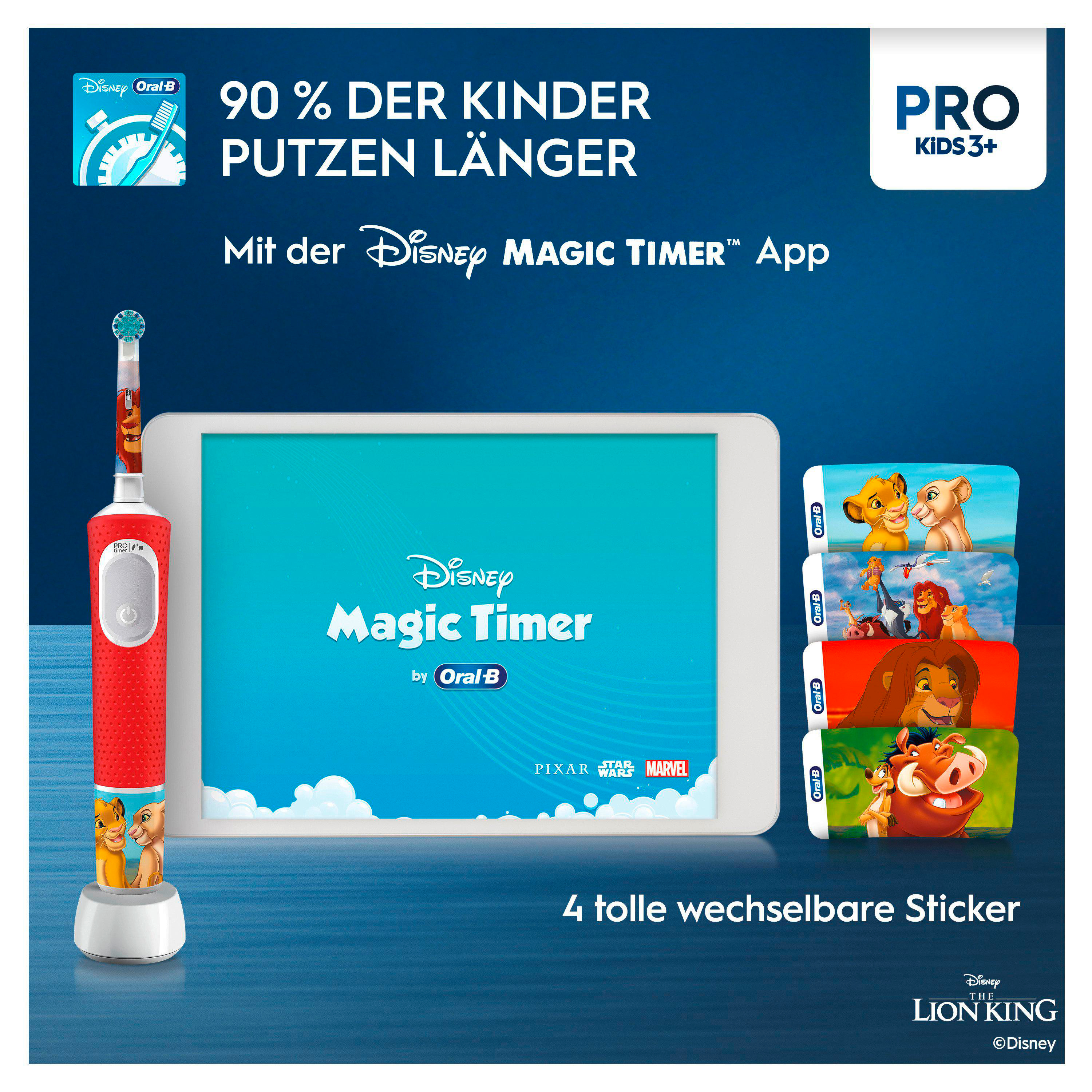 Elektrische Zahnbürste, Disney Magic Timer App und Aufkleber mit Disney-Figuren.