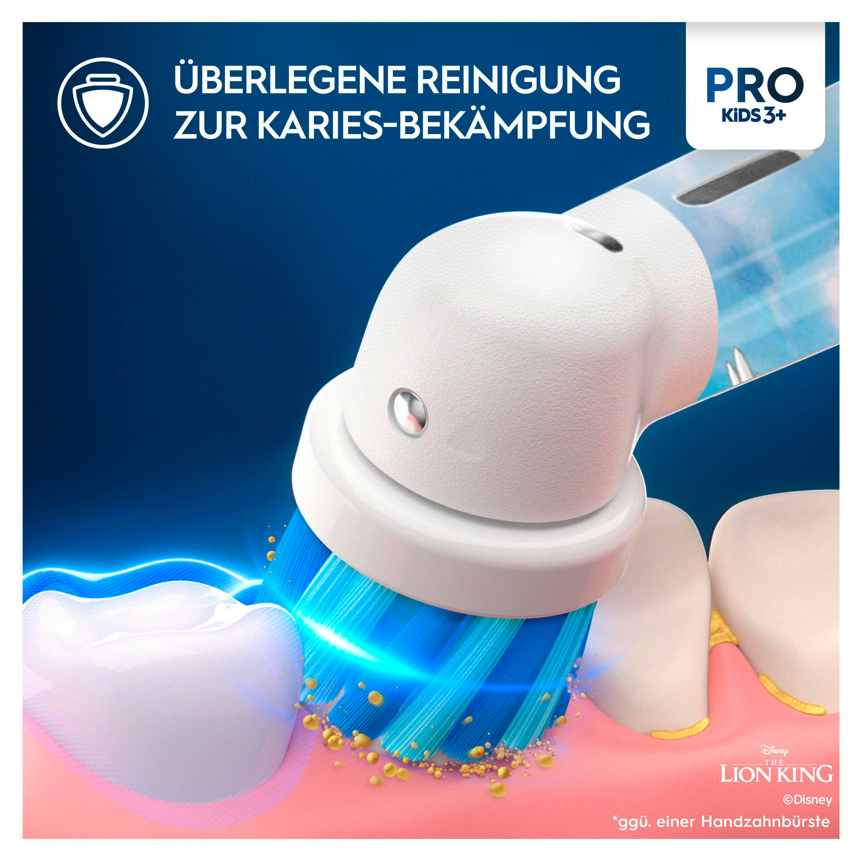 Ein Zahnbürstenkopf, der Zähne mit blauen Borsten reinigt, mit einer Cartoon-Illustration. Der Hintergrund ist rosa.