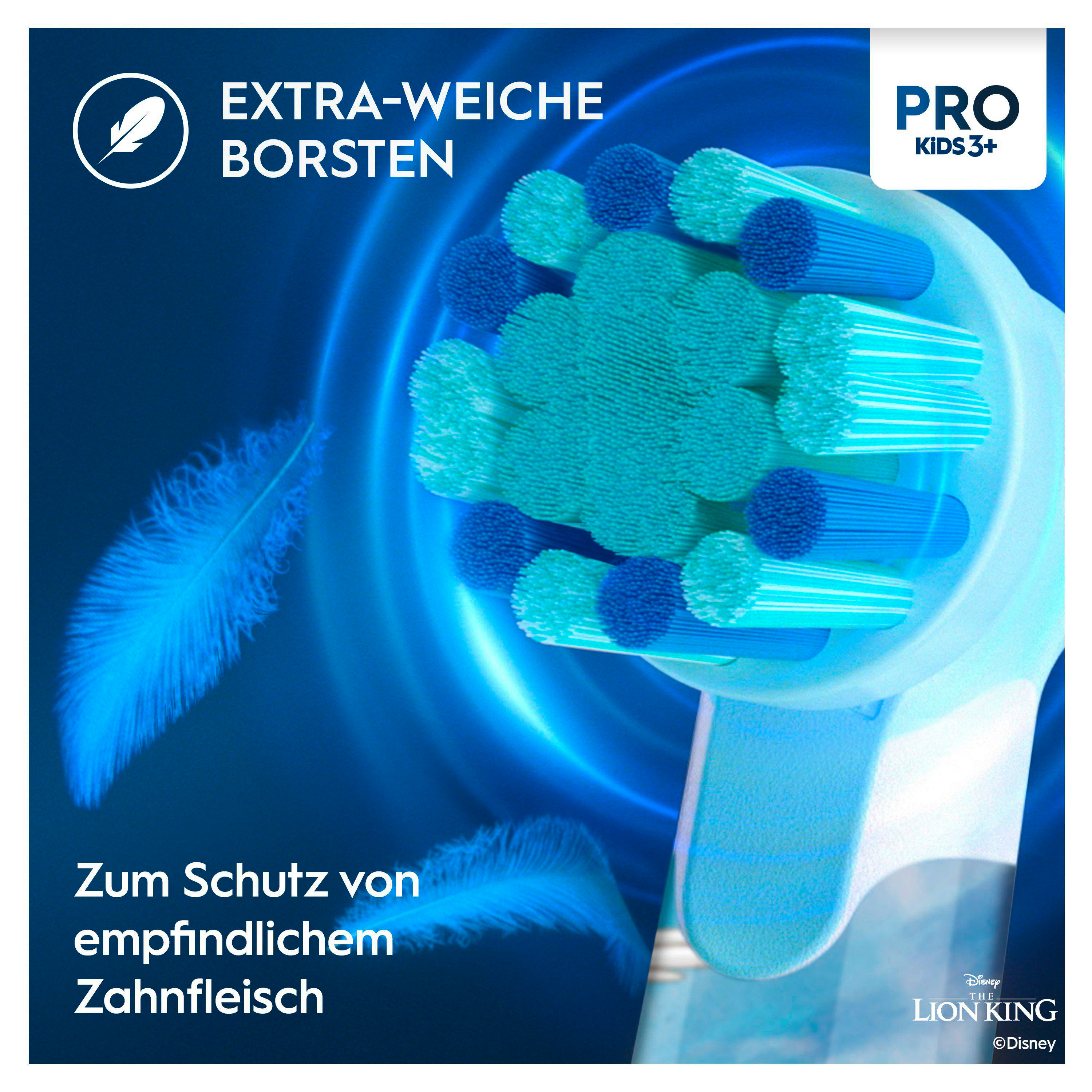 Nahaufnahme eines Zahnbürstenkopfes mit blauen und grünen Borsten, mit Text für sanftes Bürsten.