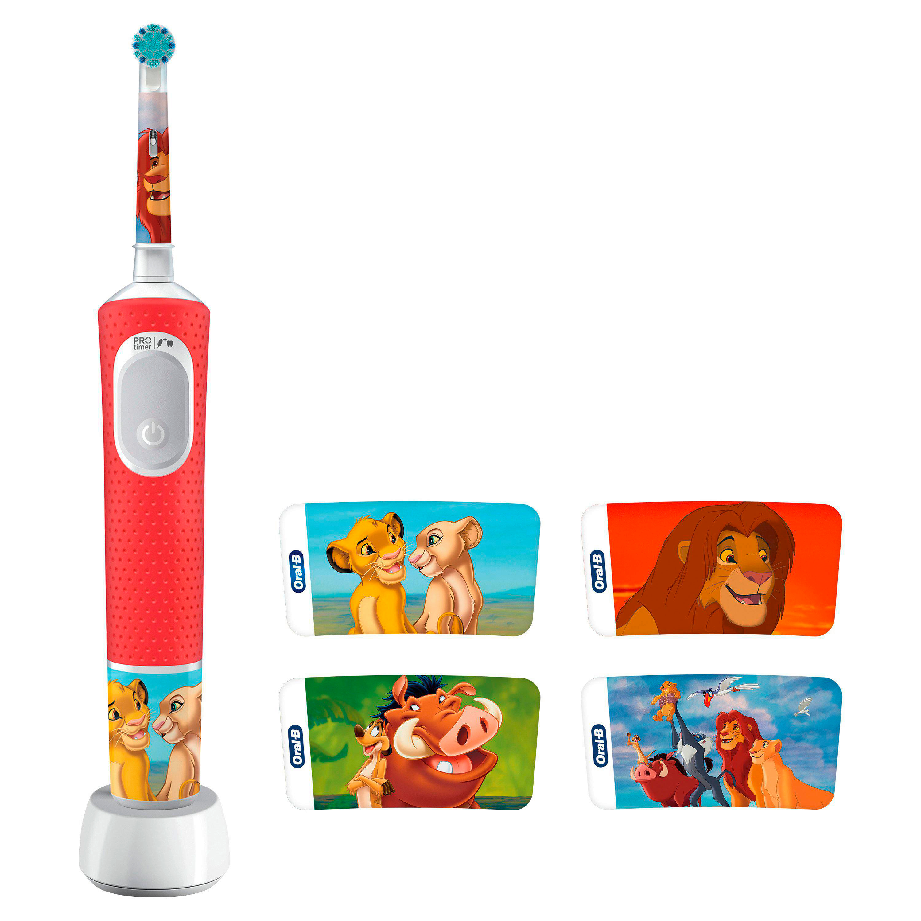 Rote elektrische Zahnbürste von Oral-B mit Lion King-Aufklebern. Hat eine weiße Ladestation.