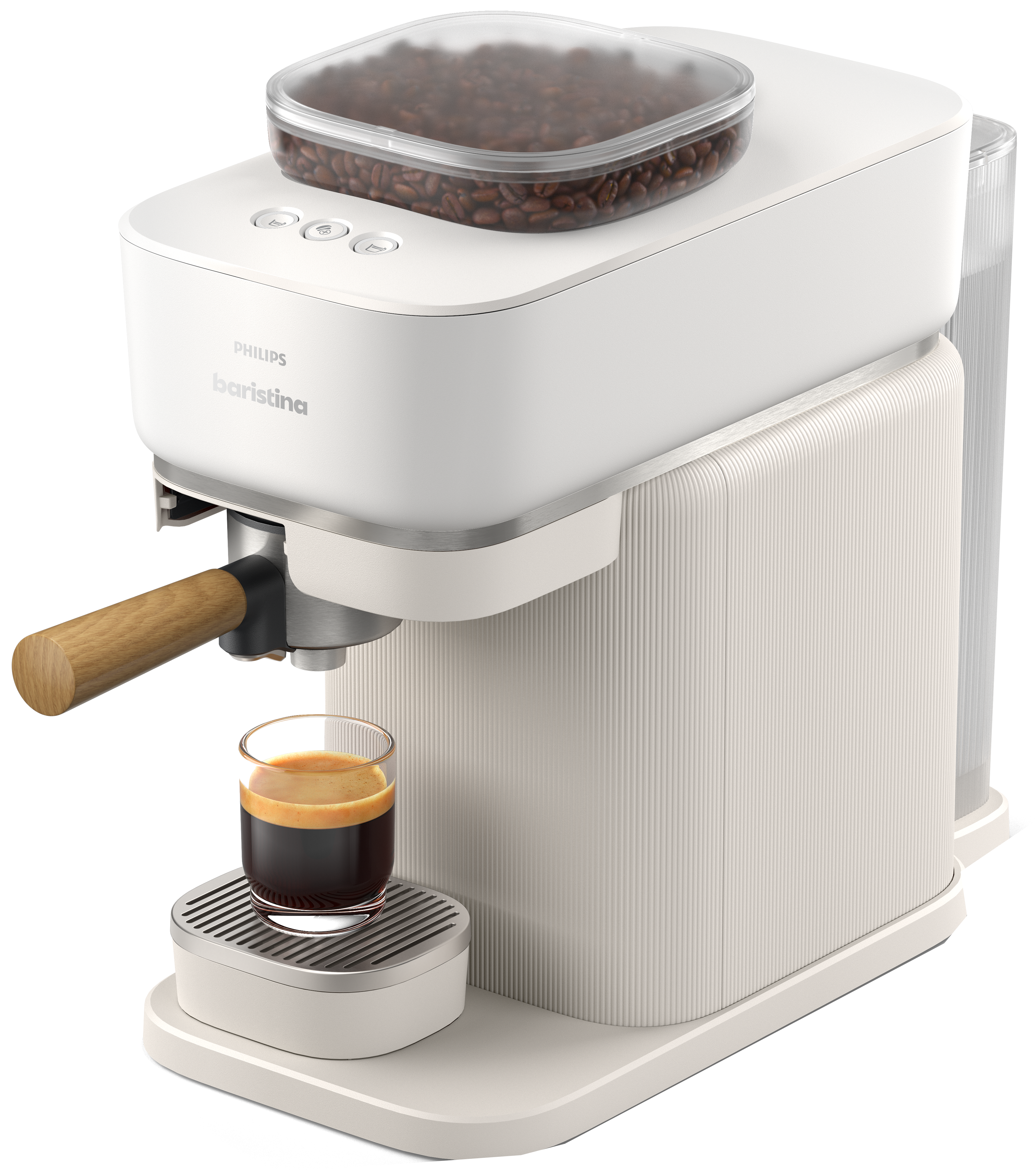 Weiße Philips Baristina Espressomaschine mit einem Glas Espresso.