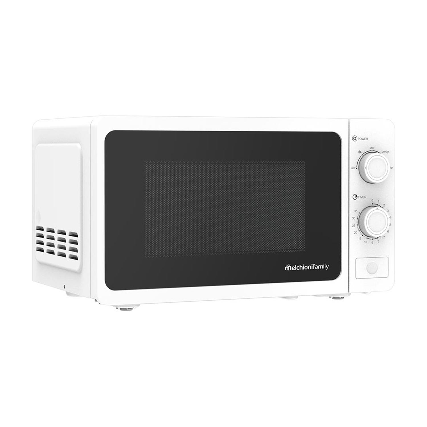 Forno a microonde bianco con porta nera e pannello di controllo. Il timer è impostato e il livello di potenza è indicato.