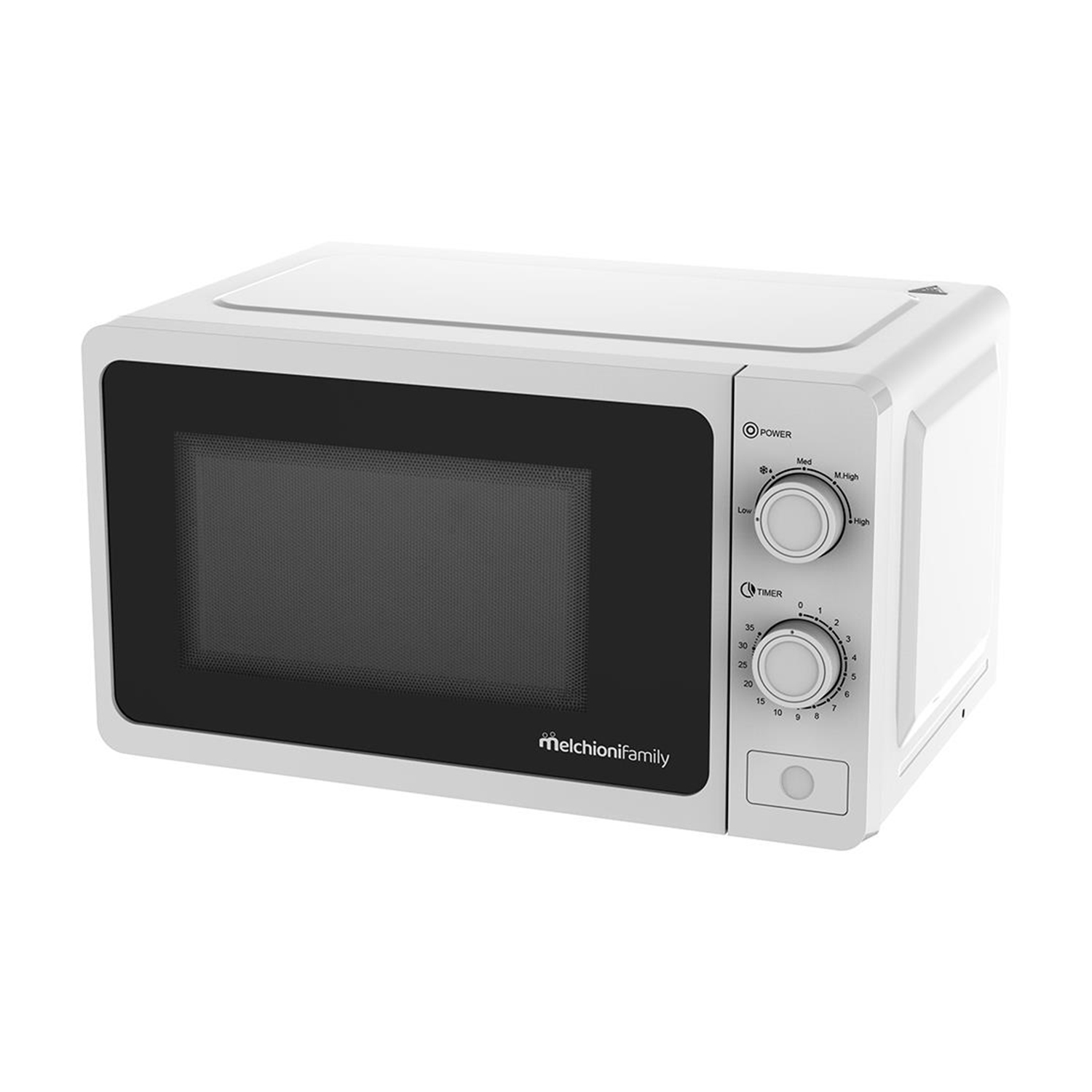 Un forno a microonde bianco con manopole di controllo e una porta.