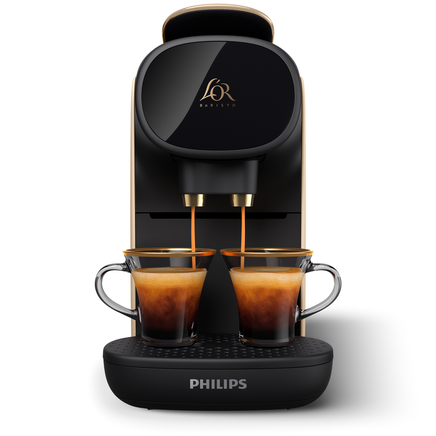Koffiemachine met twee kopjes koffie die worden geschonken.