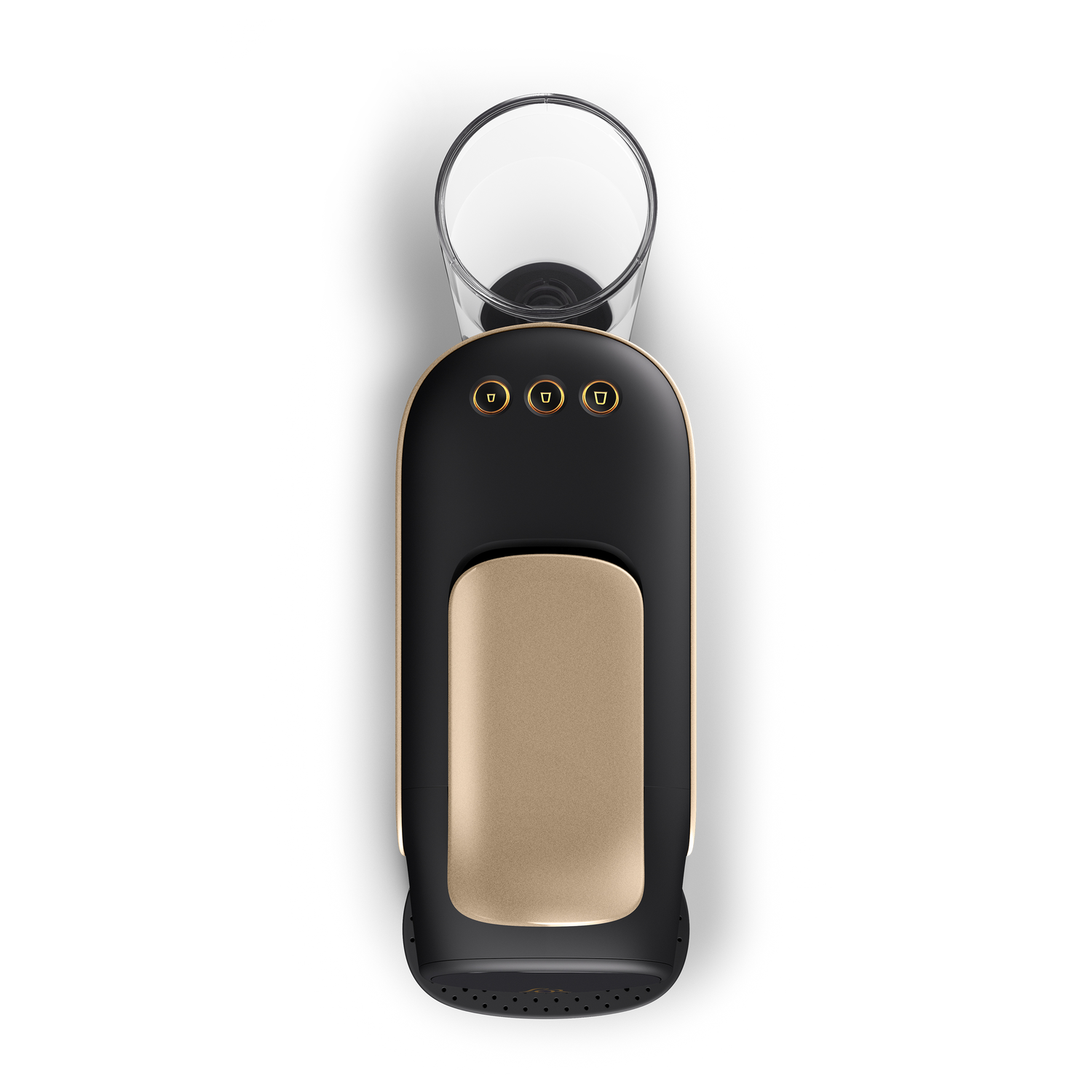 Een zwart-gouden koffiemachine van bovenaf gezien. Drie knoppen bovenop.
