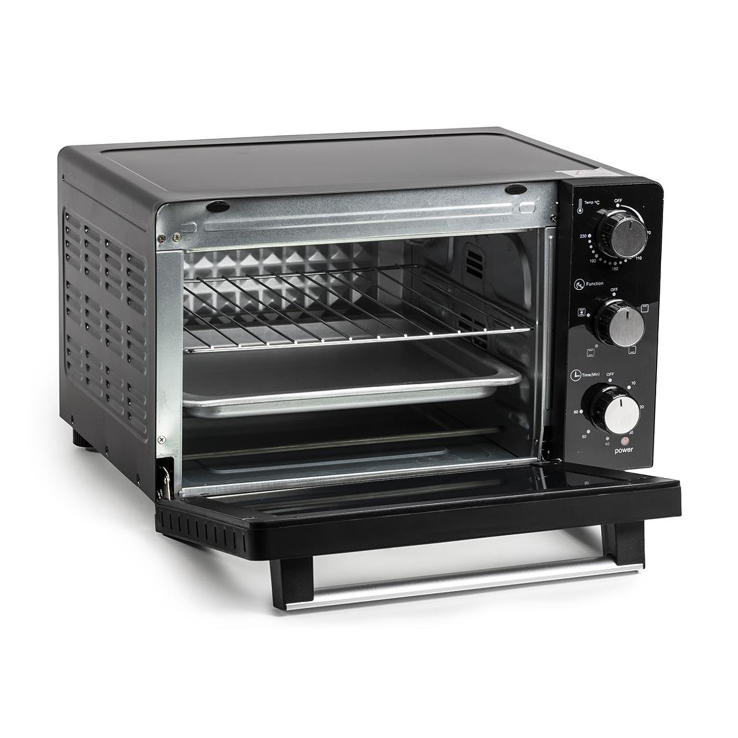 Un forno nero con la porta aperta. All'interno, c'è un vassoio e una griglia.