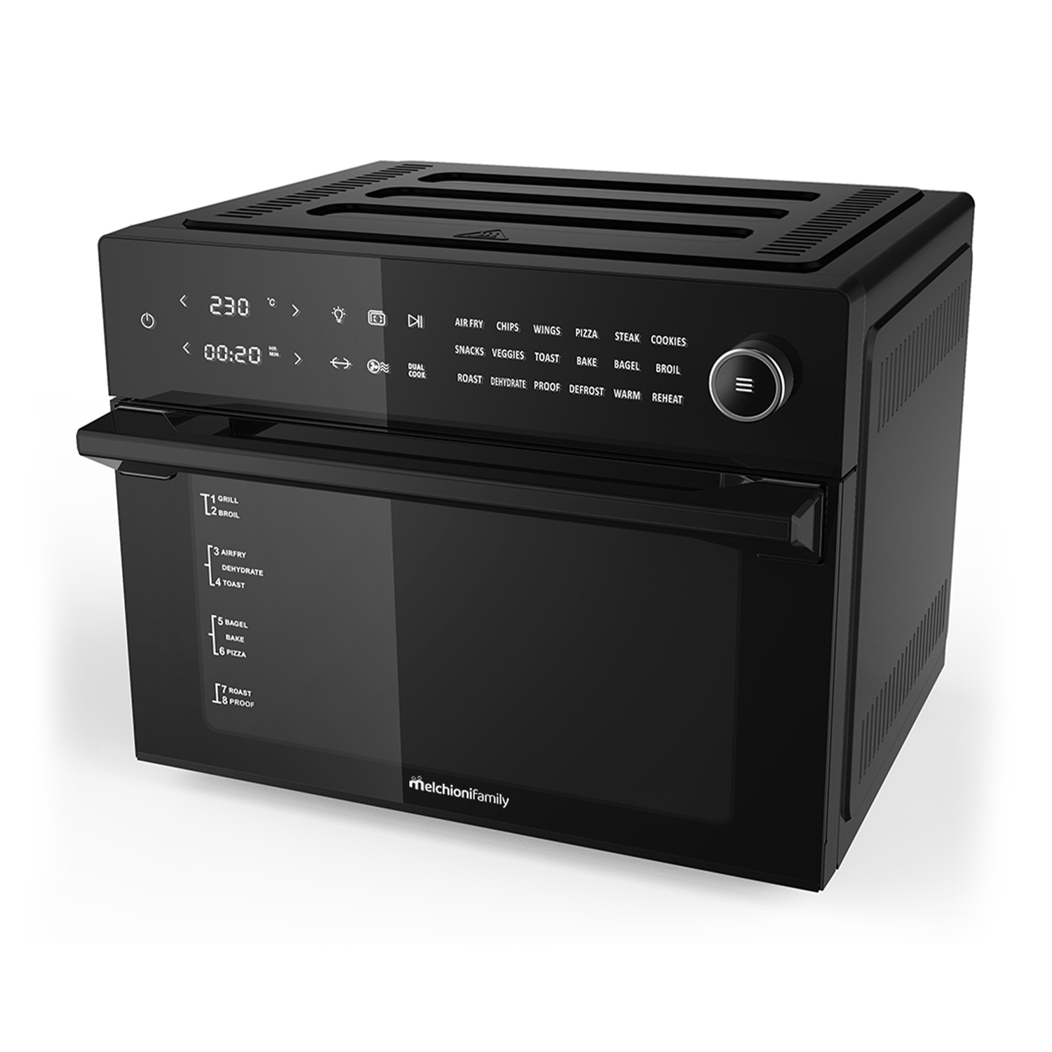 Forno multifunzione nero con display e molteplici opzioni di cottura.