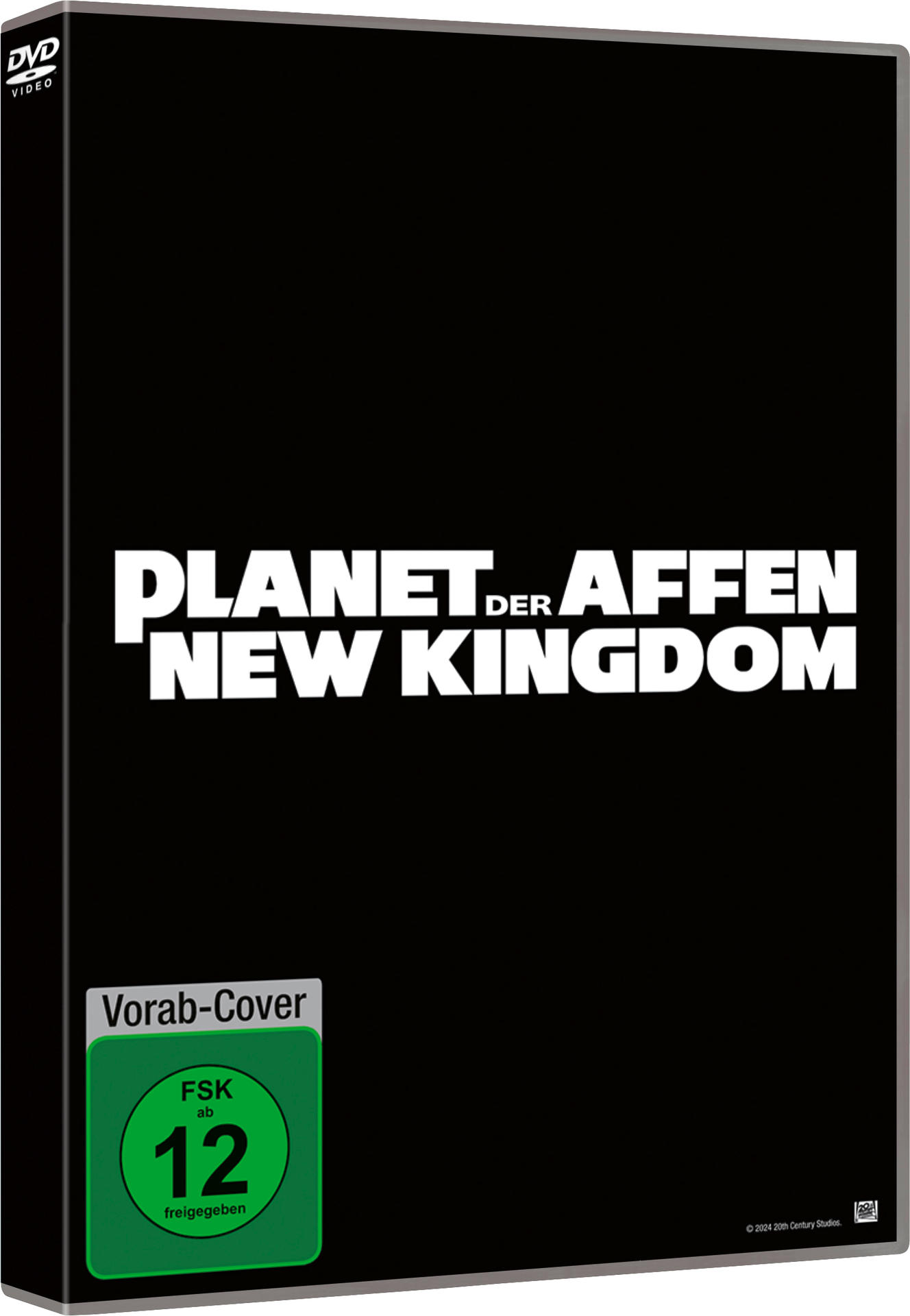 DVD-Hülle für 'Planet der Affen: New Kingdom' mit Titel auf schwarzem Hintergrund.