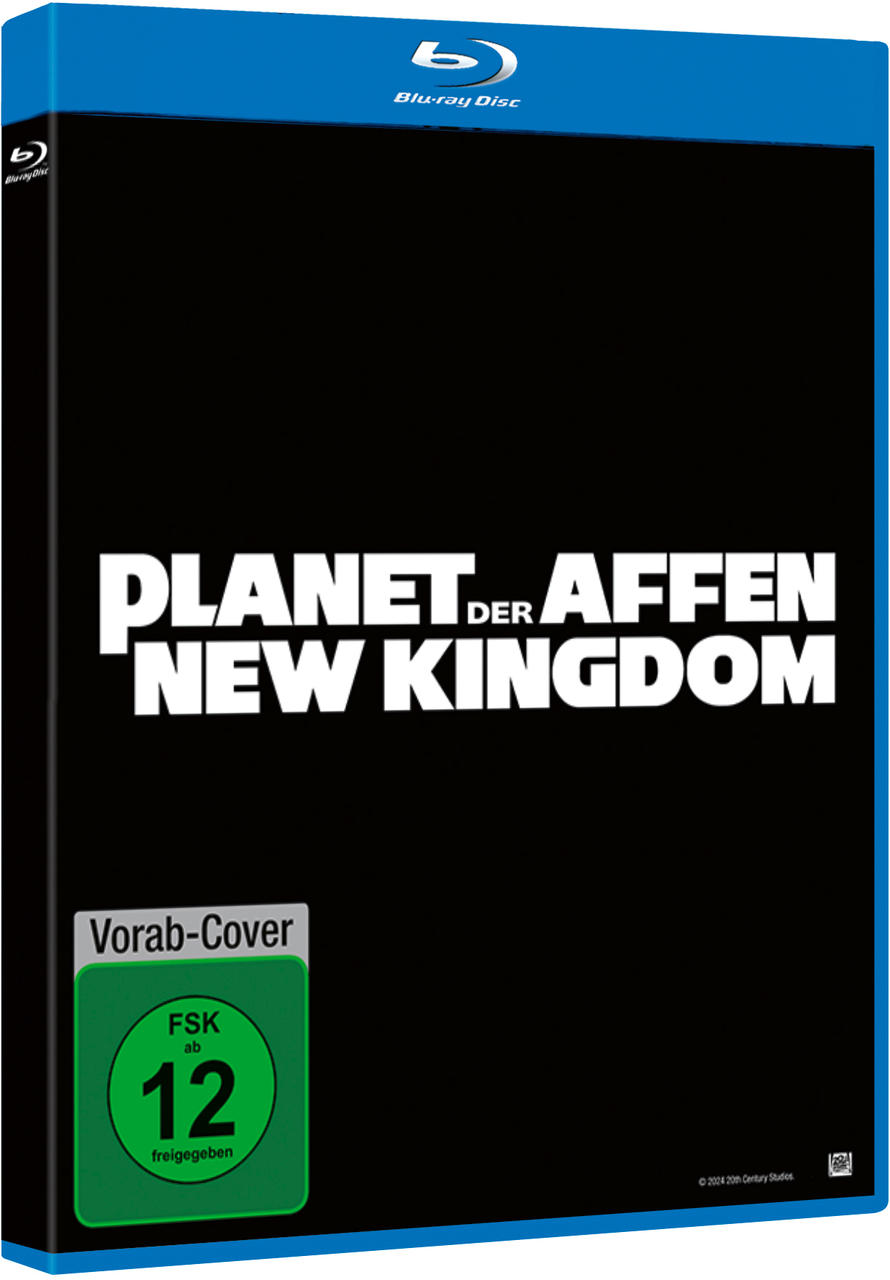 Blu-ray-Disc-Hülle für Planet der Affen: New Kingdom. Schwarzer Umschlag mit weißem Text und grüner Bewertung.