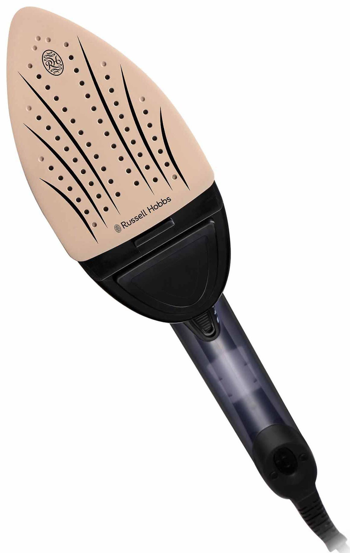 Beżowo-czarne żelazko podróżne Russell Hobbs. Ma uchwyt i przewód.