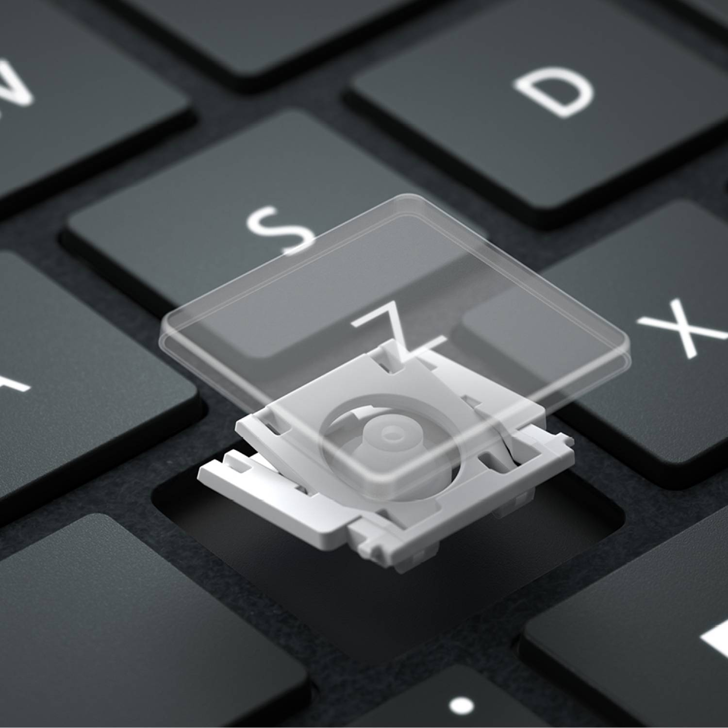 Primer plano de una tecla del teclado. Muestra el mecanismo de la tecla y la letra 'Z'.