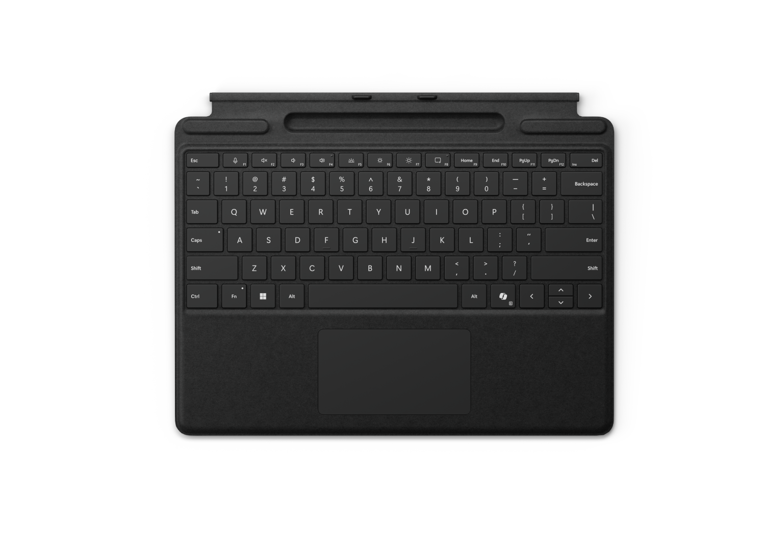 Teclado negro. Teclas visibles. Panel táctil debajo.
