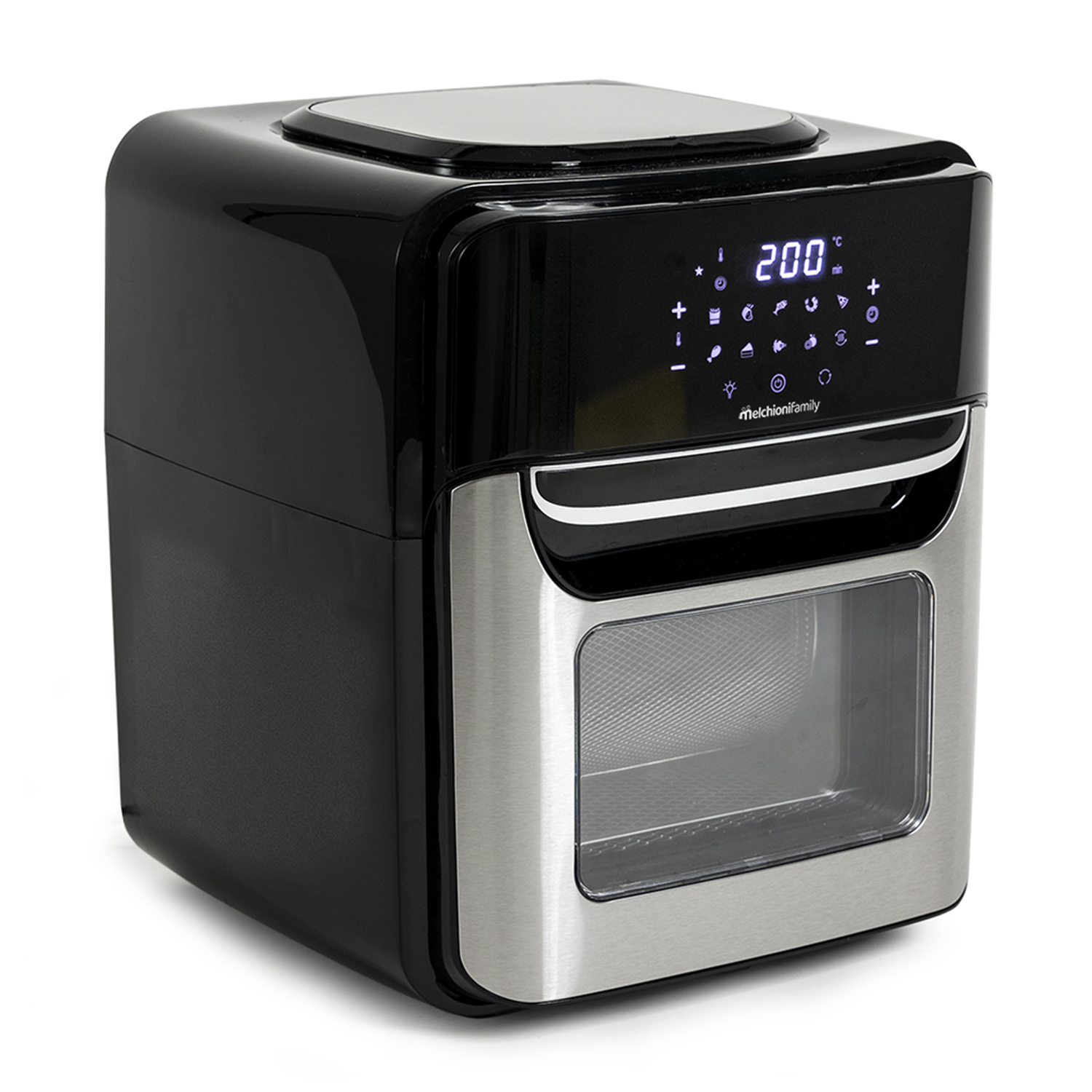 Friggitrice ad aria nera con display digitale. Acciaio inox e nero, sfondo bianco.