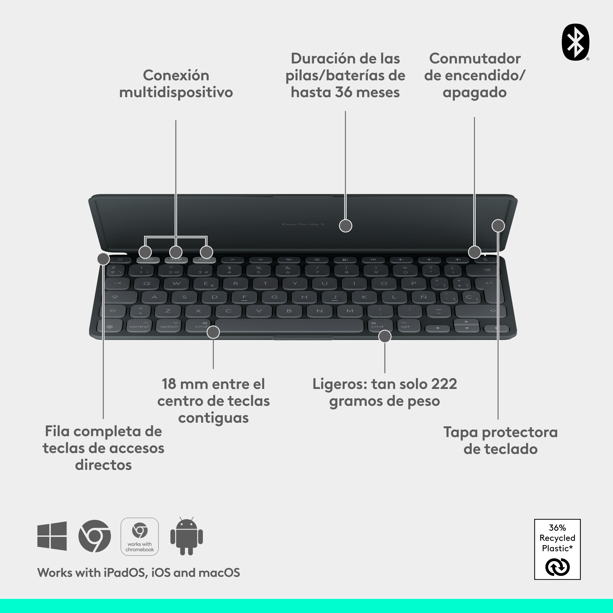 Teclado negro con etiquetas como: conexión multidispositivo, espacio entre teclas de 18 mm, peso ligero, teclas de acceso completo y cubierta del teclado.