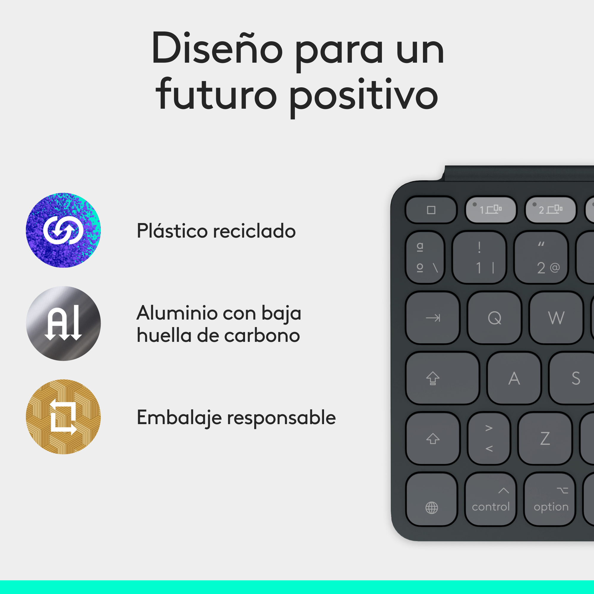 Un teclado con texto, con las palabras: plástico reciclado, aluminio y embalaje responsable.