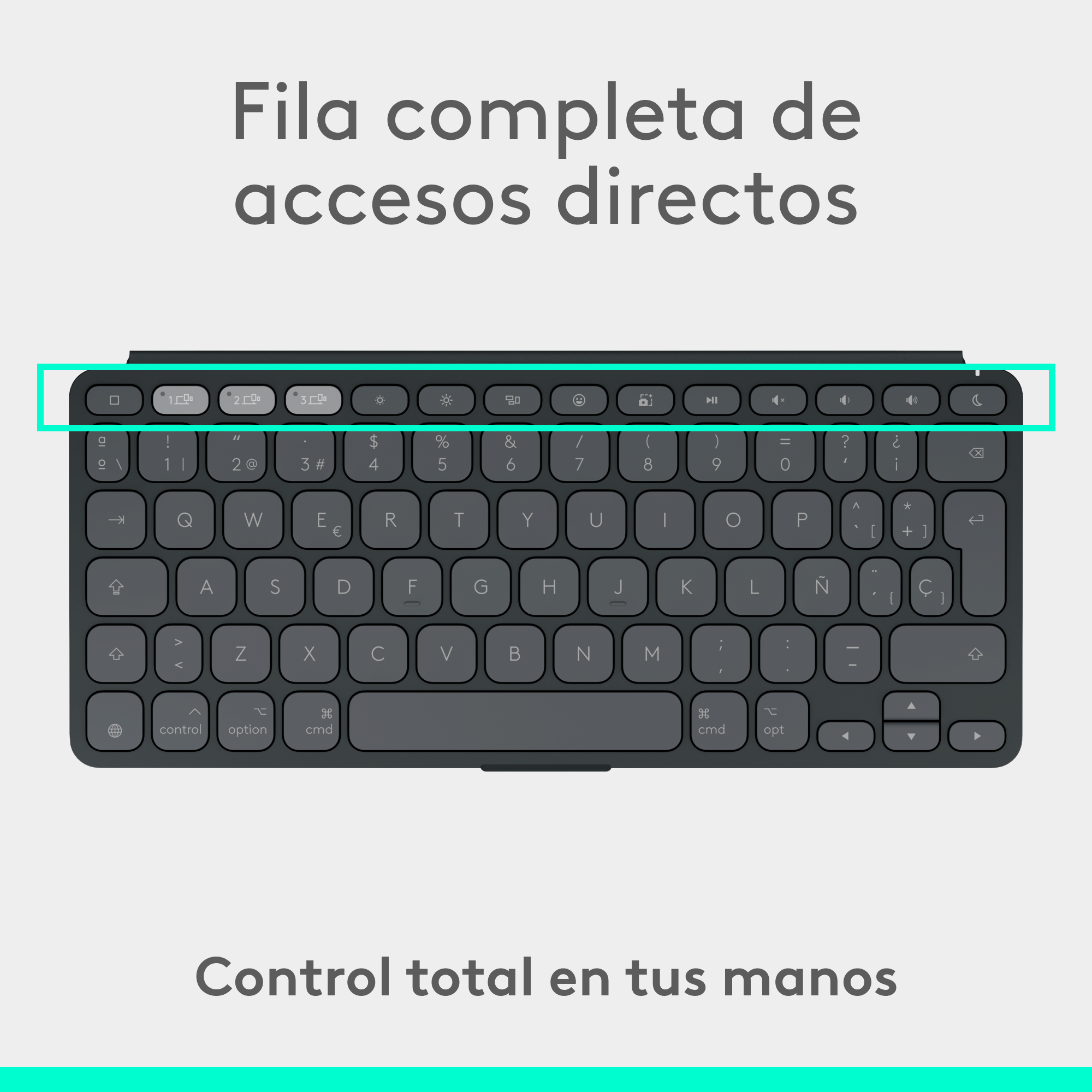 Teclado con teclas de acceso directo resaltadas, texto en español.