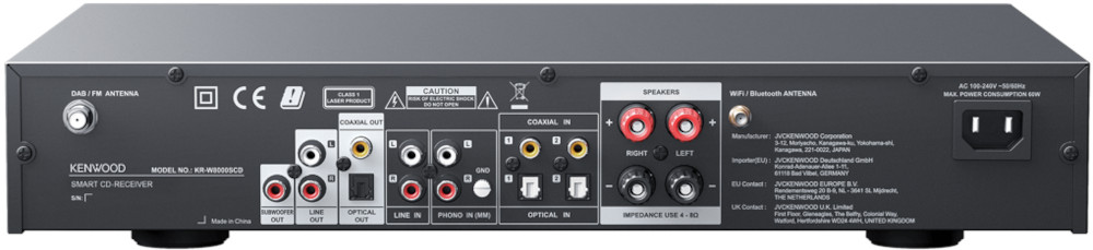 Rear view of a Kenwood smart CD receiver with various input and output ports.