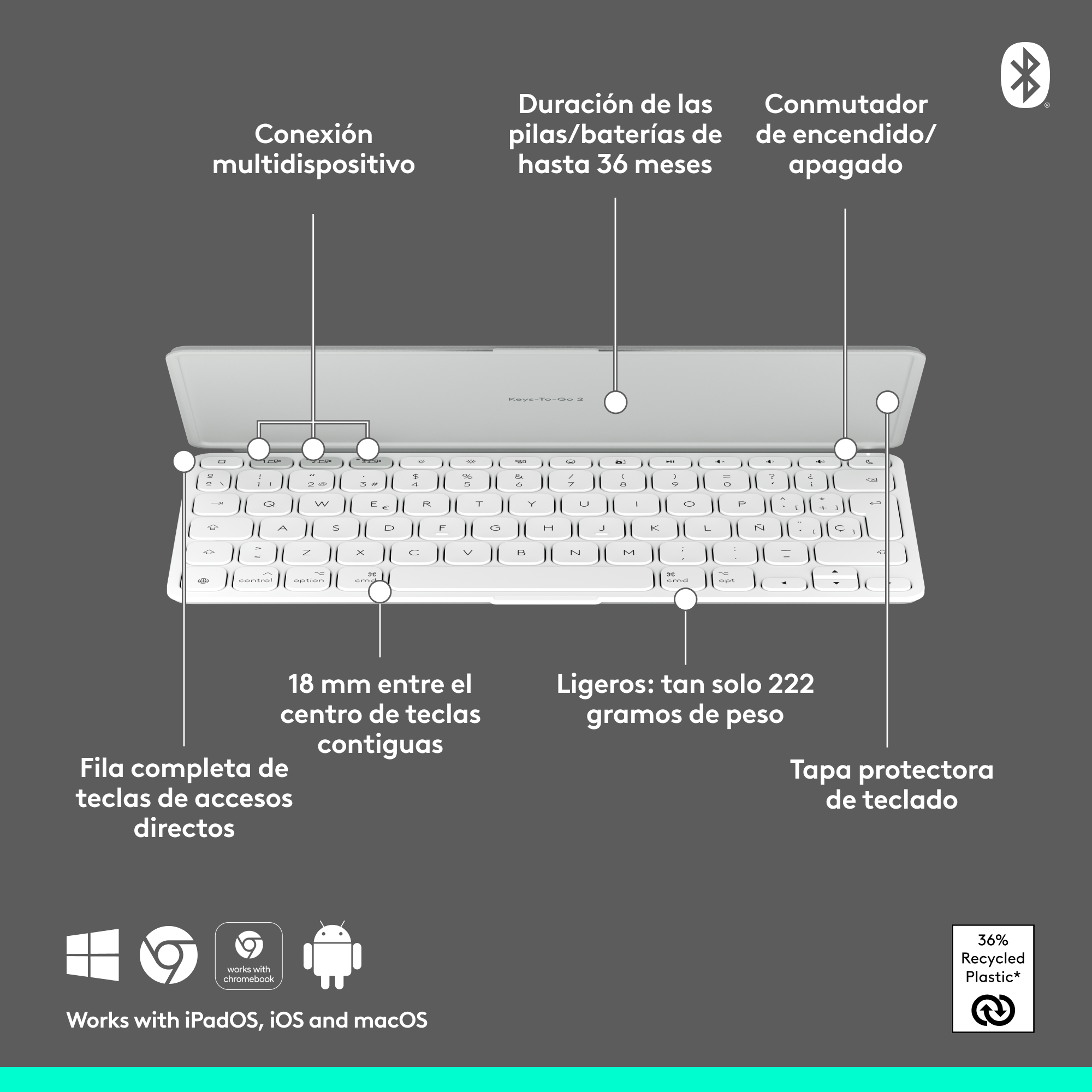 Teclado blanco con características, incluyendo multi-dispositivo, batería 36 meses, y ligero.