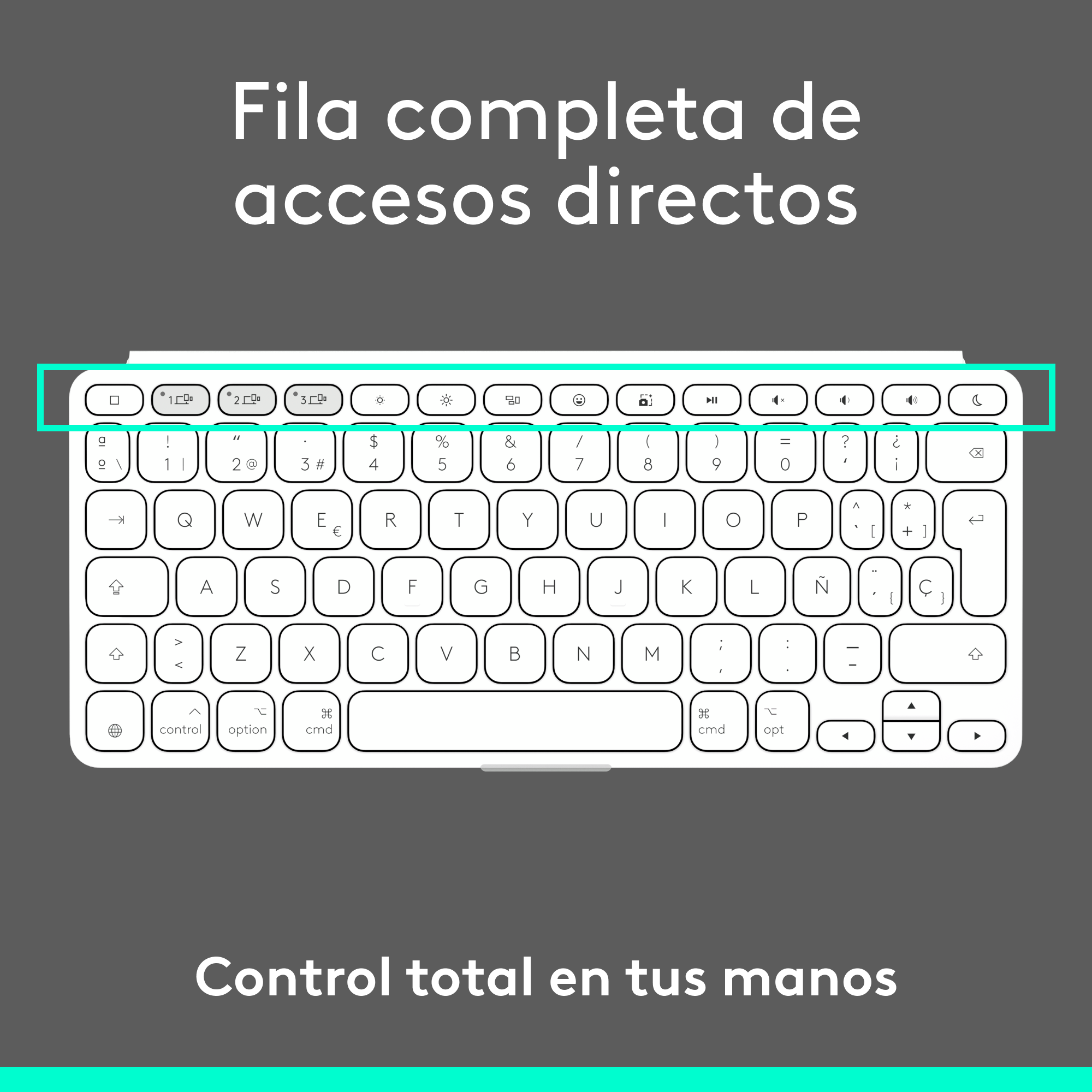 Teclado blanco con fila de teclas de función resaltada, texto: 'Fila completa de accesos directos'.