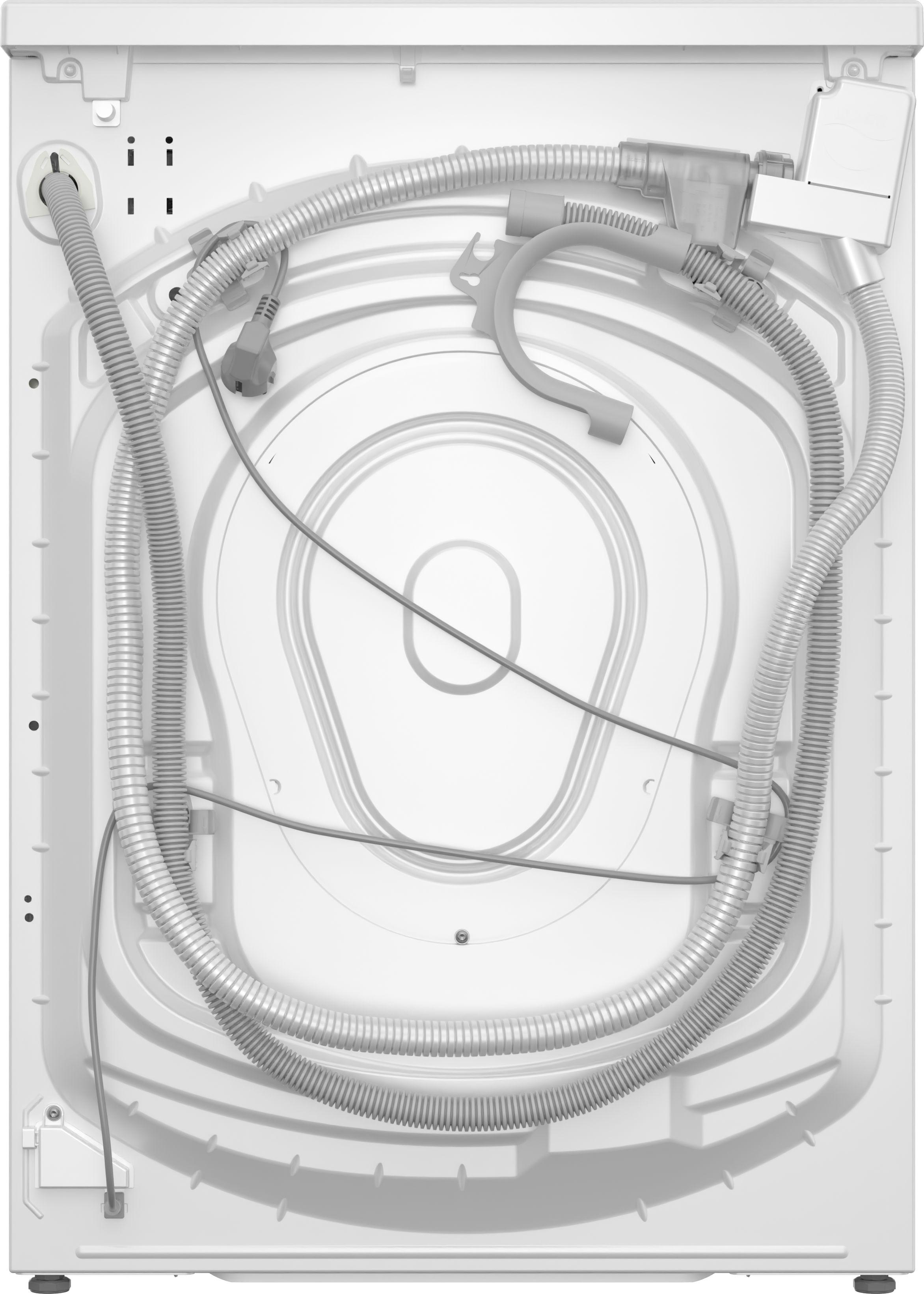 Rückseite einer weißen Waschmaschine mit angeschlossenen Schläuchen und Drähten.