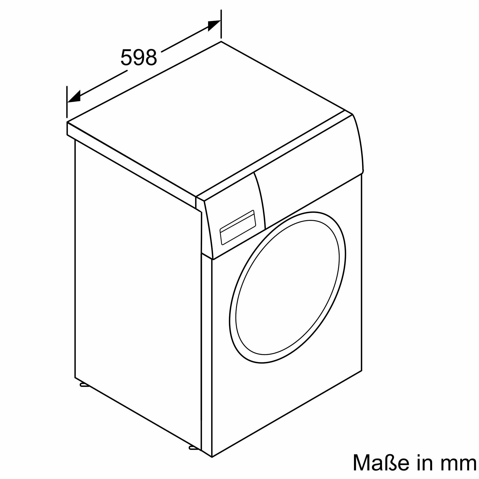 Eine schematische Zeichnung einer Waschmaschine mit Abmessungen in mm.