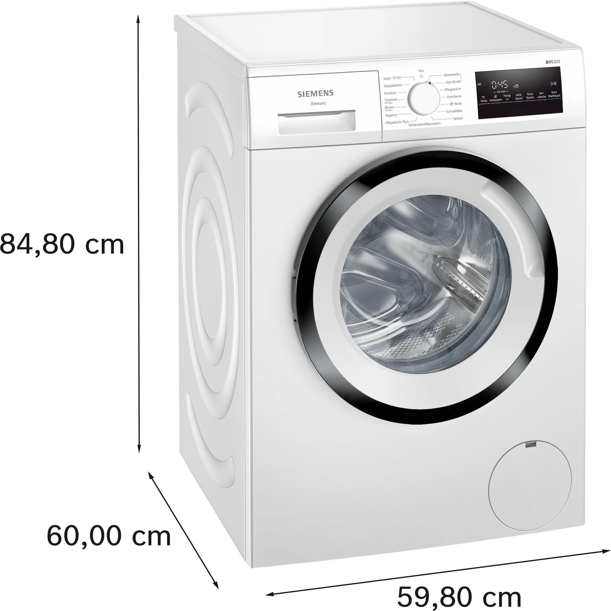 Weiße Siemens Waschmaschine. Abmessungen: 84,80 cm hoch, 60,00 cm breit, 59,80 cm tief.