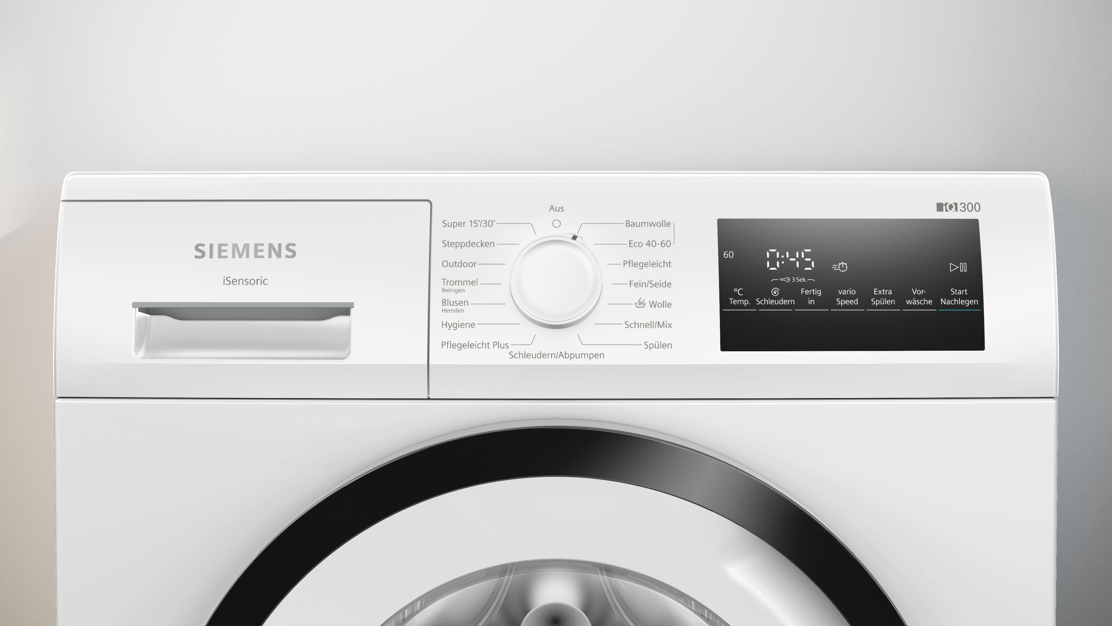 Weißes Siemens Waschmaschinen-Bedienfeld mit Drehknopf und Digitalanzeige für Waschoptionen.