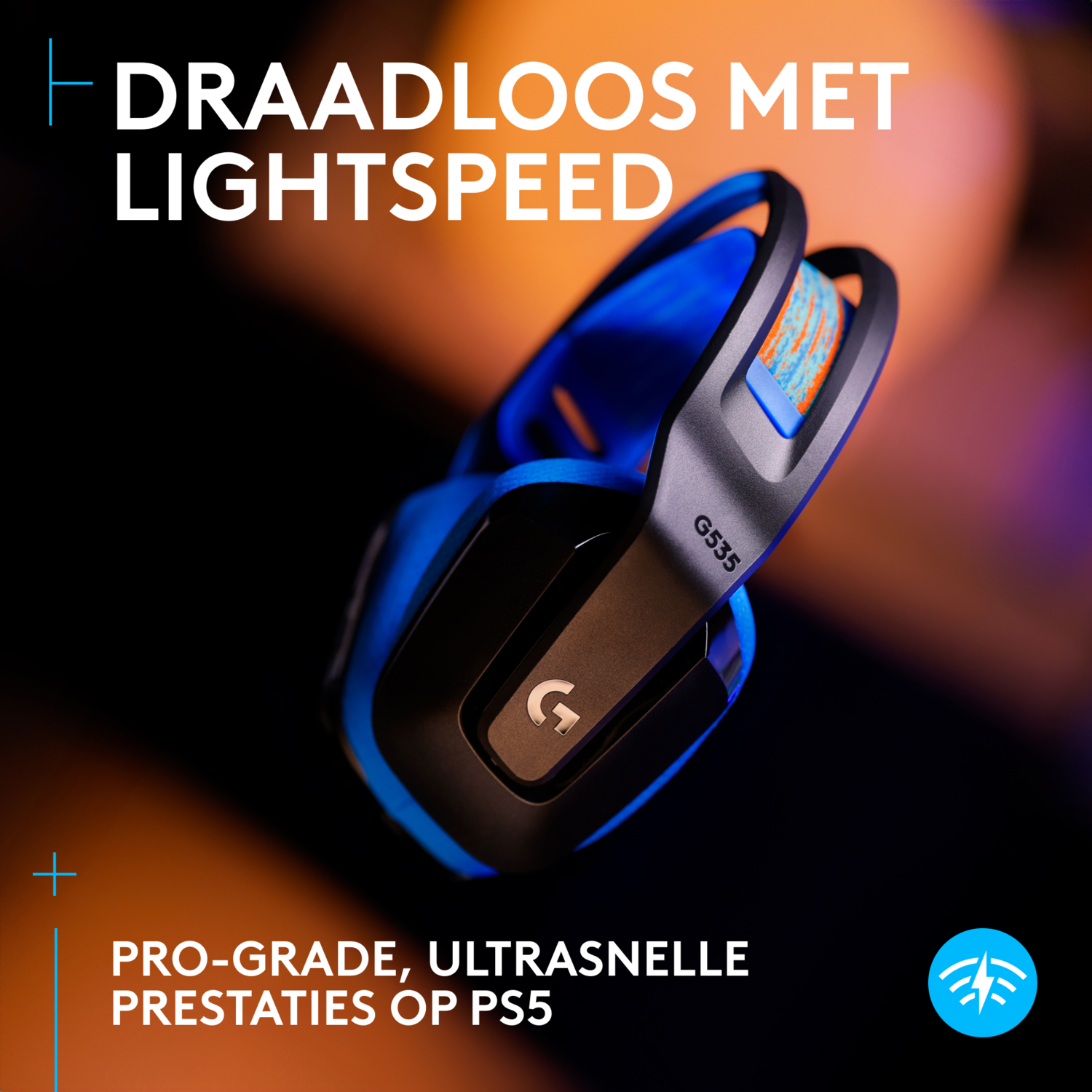 Blue and black headset with text about wireless gaming.