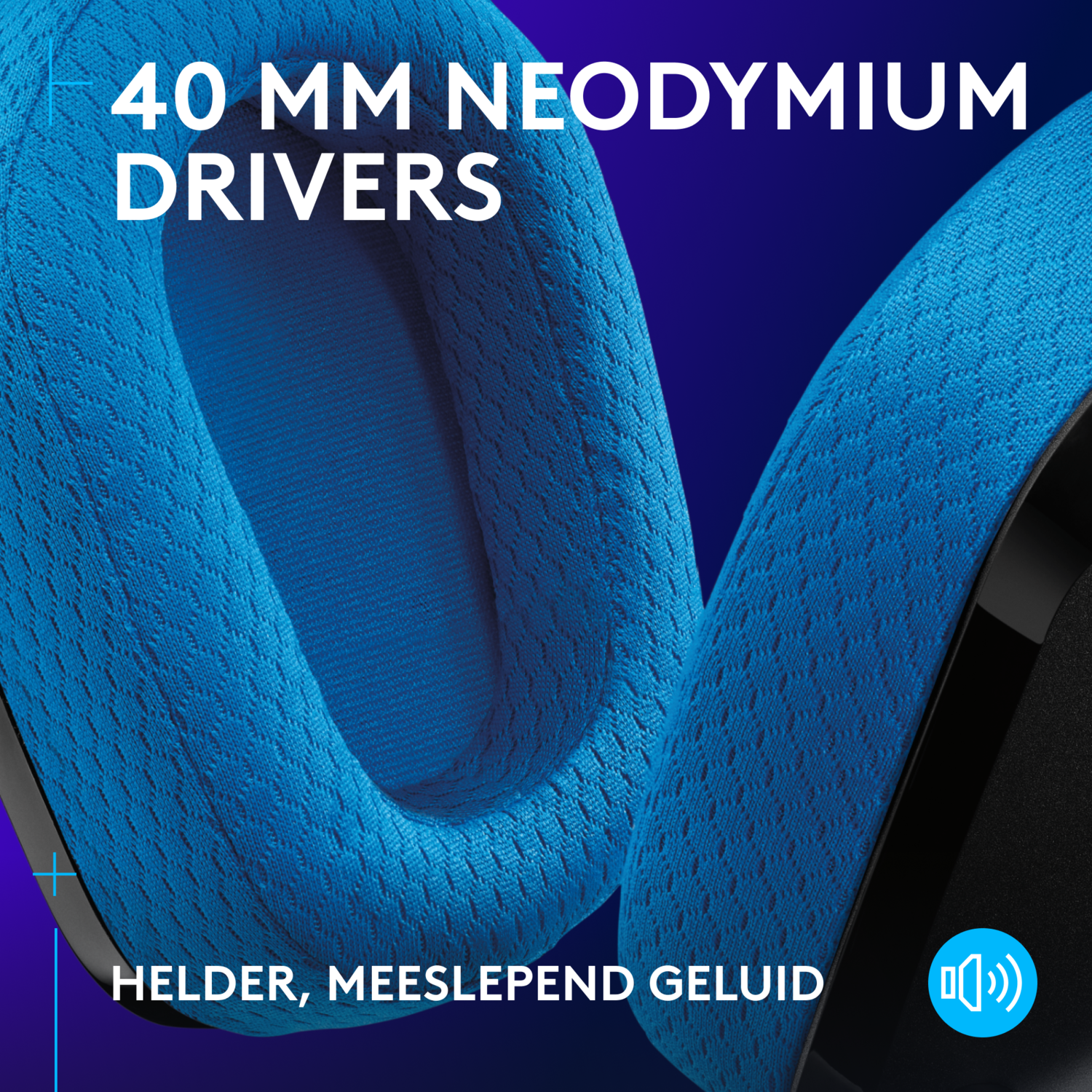 Close-up of blue headphones. Text says '40 MM NEODYMIUM DRIVERS' and 'Clear, Immersive Sound'.