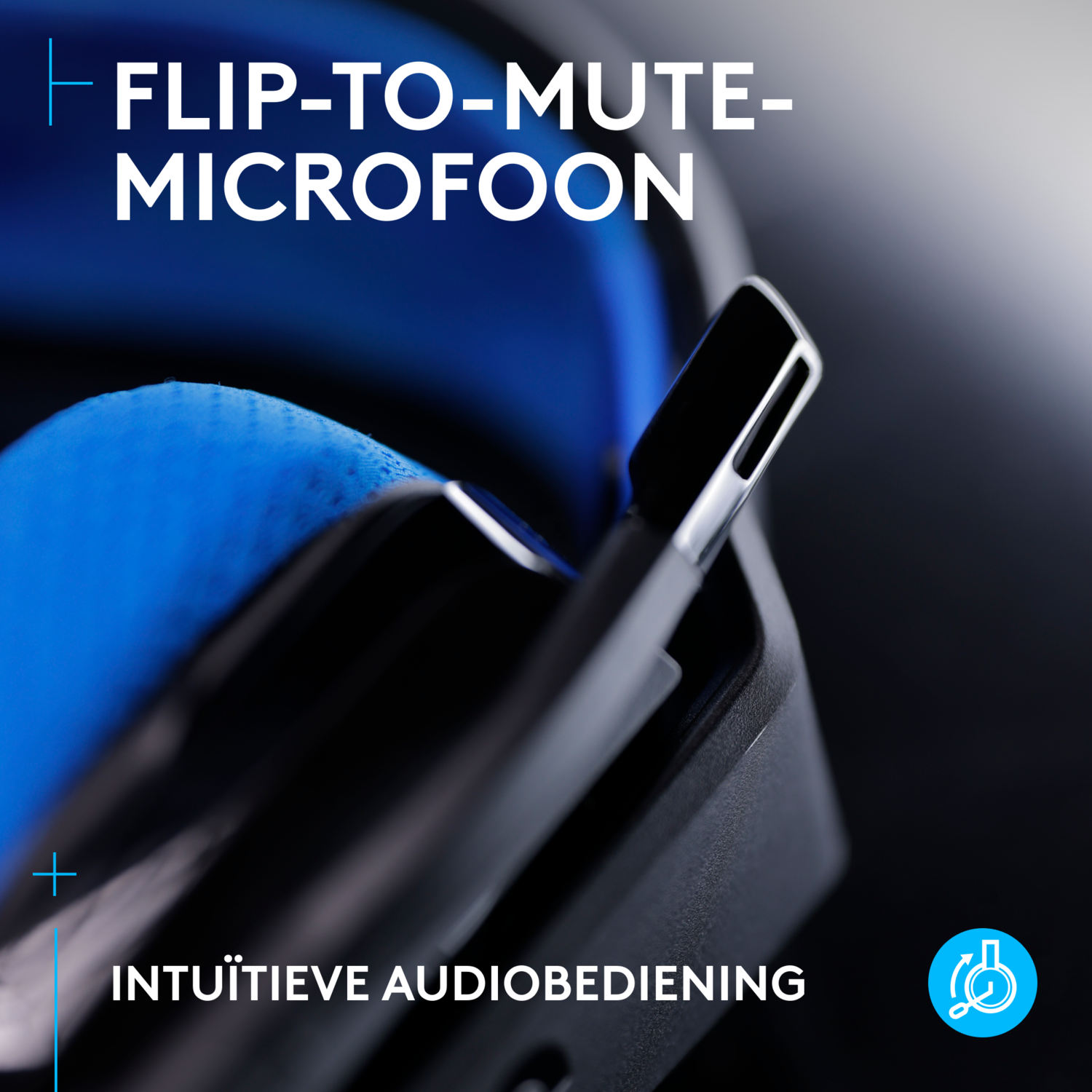 Close-up of a blue and black headset with a flip-to-mute microphone.