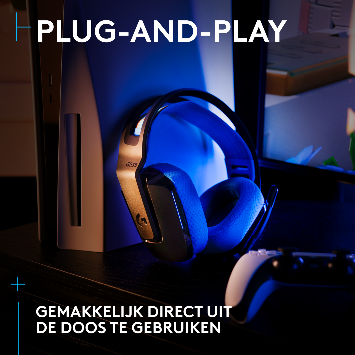 Headphones, a game console, and a controller on a table. Text: Plug-and-Play.