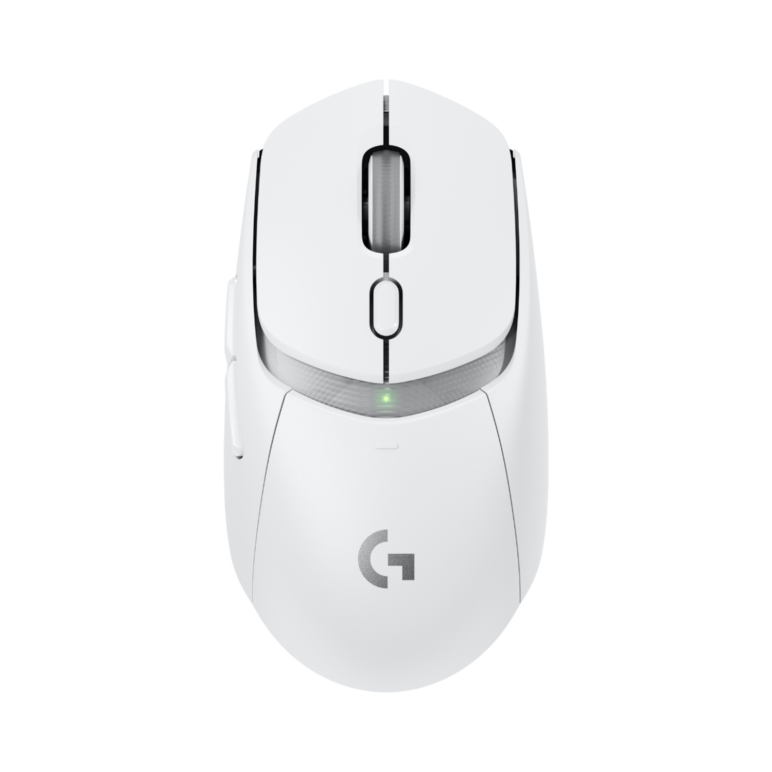 Een witte Logitech G305 draadloze gaming muis. Het G-logo is zichtbaar.